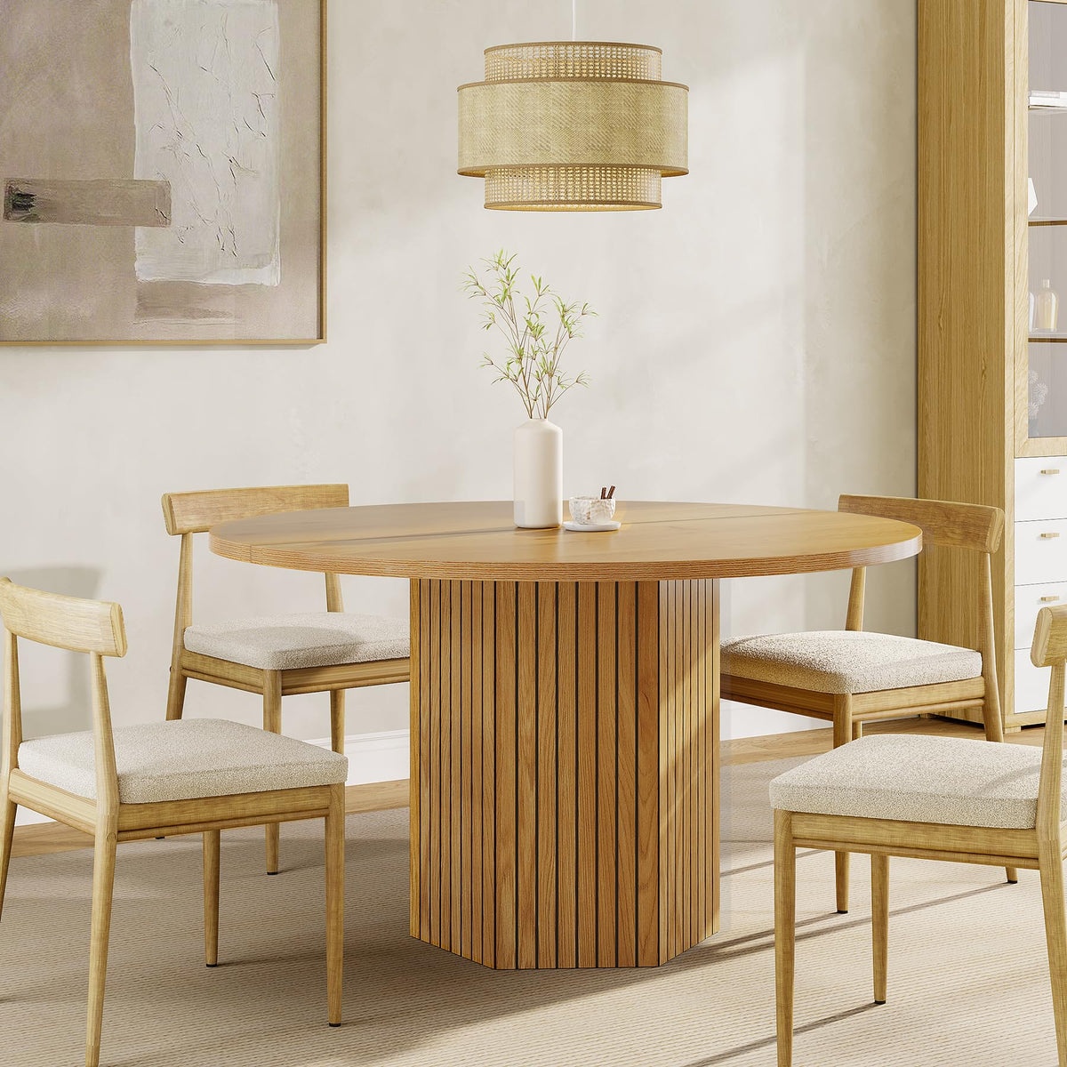 Tribesigns 120cm Oak Round Wood Dining Table for 4-6 People, Farmhouse Circle Kitchen Table with Heavy Duty Pedestal Base Circle Oak Tabletop for