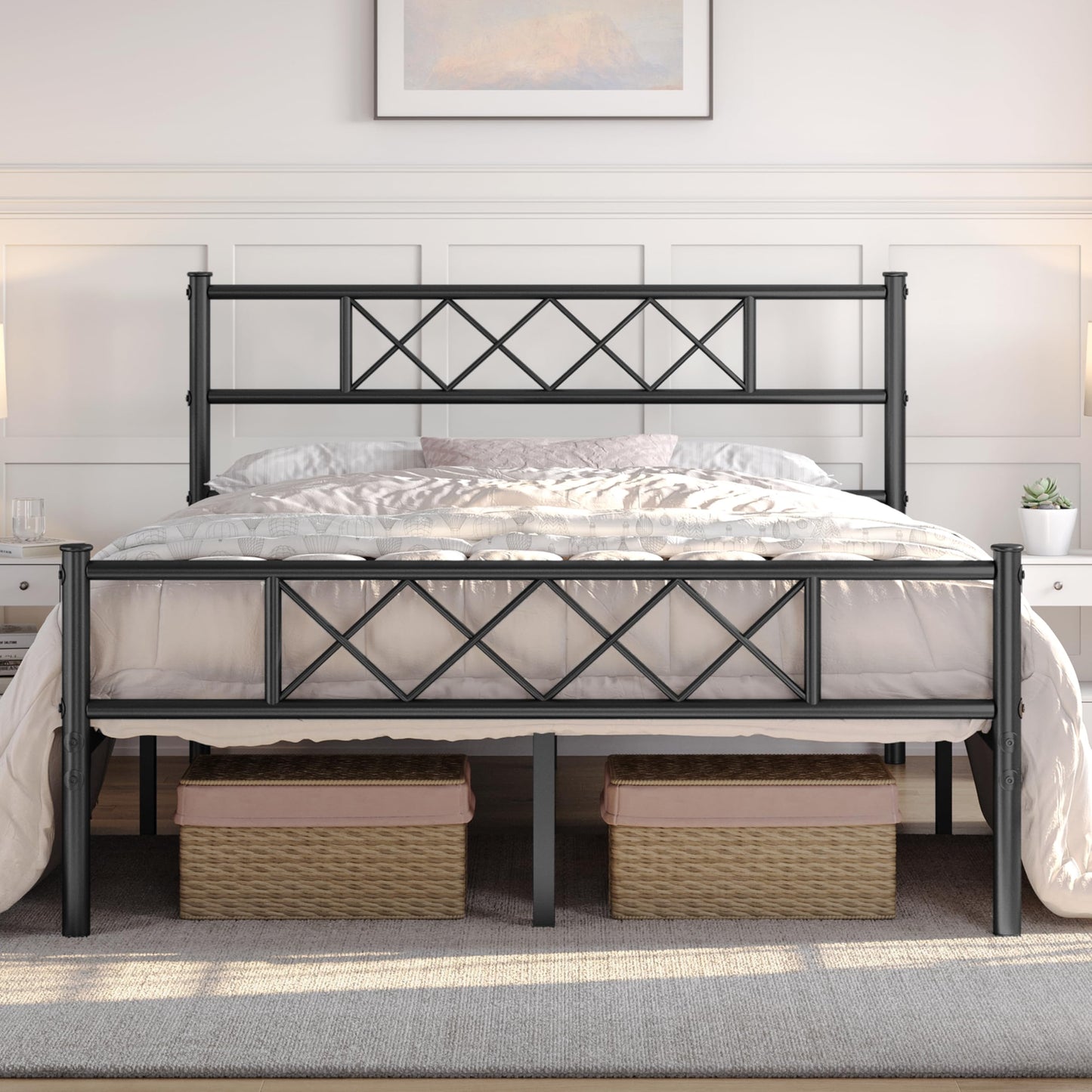 Yaheetech 5ft King Bed, Metal Bed Frame Mattress Foundation with Cross-design Headboard & Footboard, Slatted Bed Base for Teenagers/Adults, Black