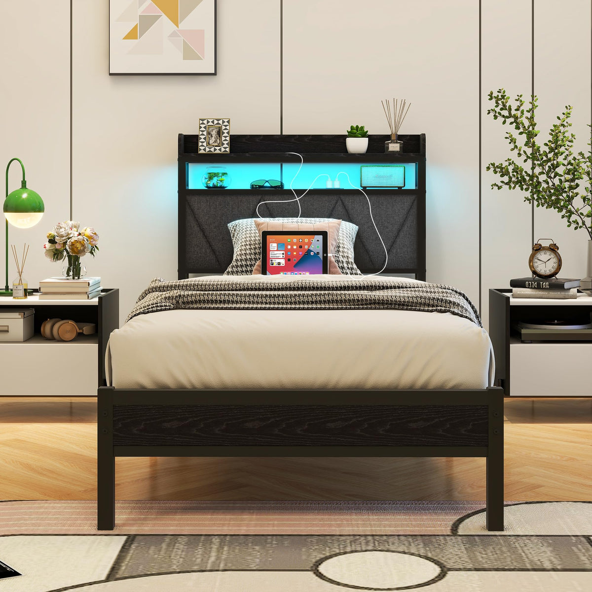 VERFARM 3ft Single Bed Frame with LED Lights Storage Upholstered Headboard and Charging Station, Solid Metal Platform Bed Single Size, No Box Spring