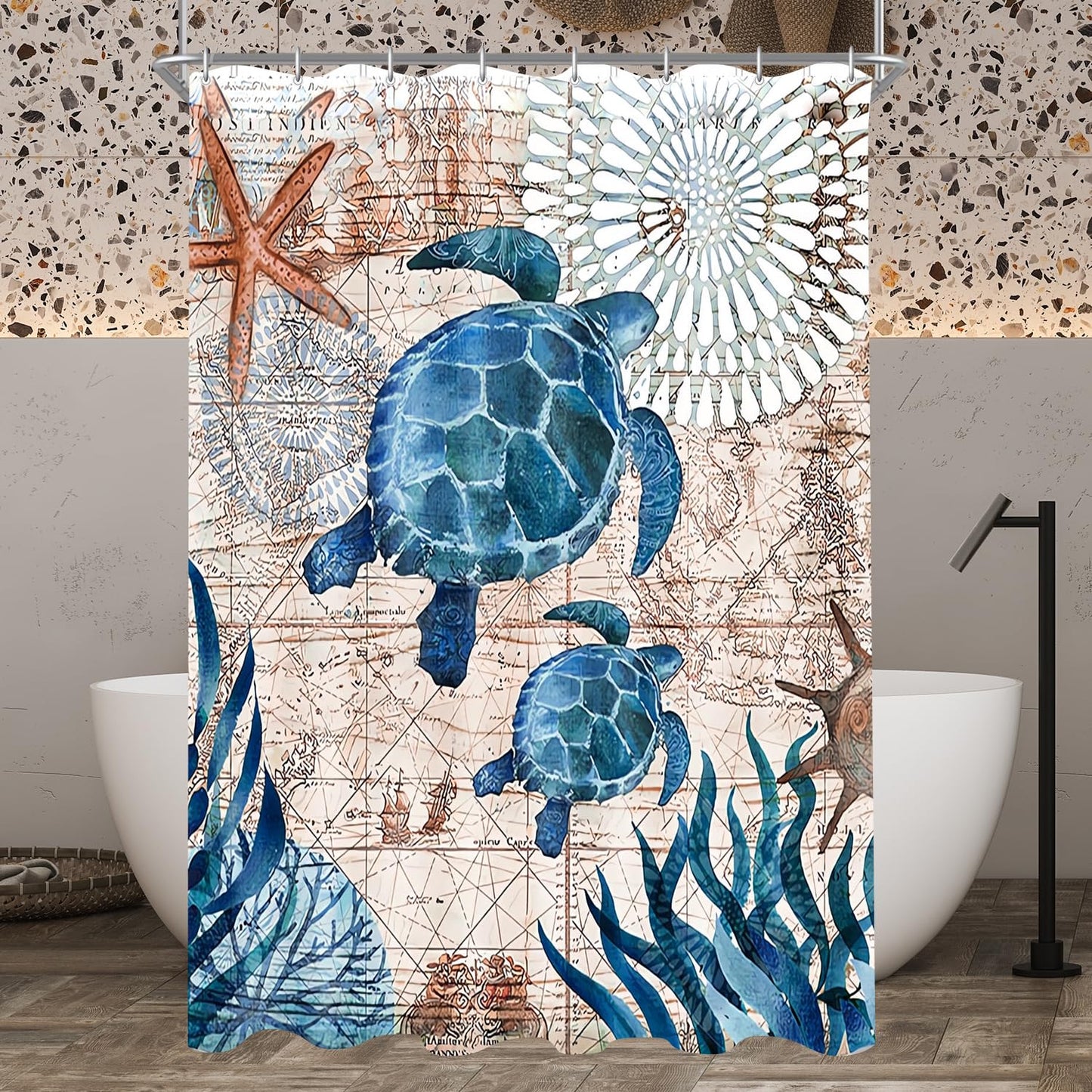 Lerores Sea Turtle Shower Curtain, Weighted Hem, Anti-Mould, Water-Repellent, Washable Polyester Fabric Bath Curtains with 7 Eyelets and Shower