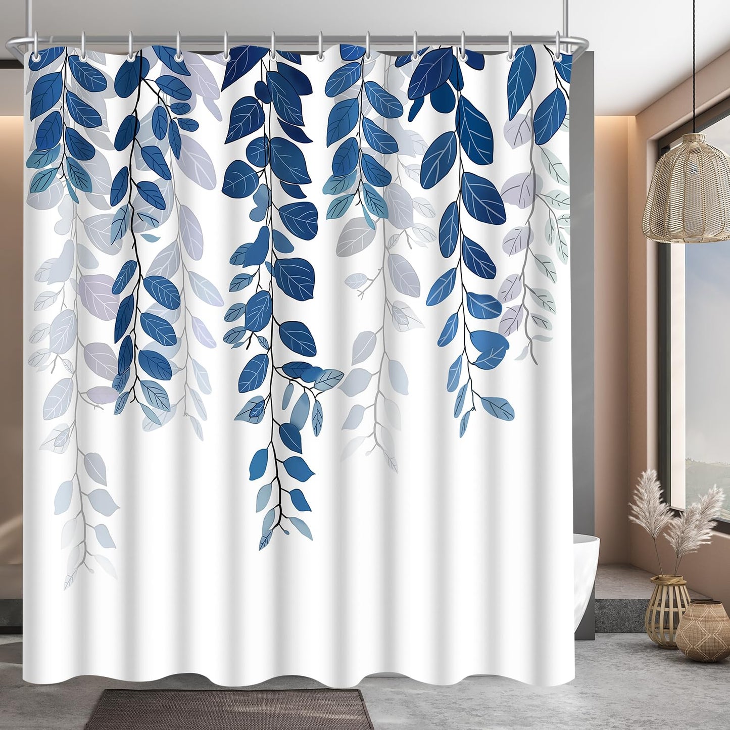 Lerores Shower Curtain, 180 x 160 cm, Blue Leaf, Weighted Hem, Anti-Mould Textile, Water-Repellent