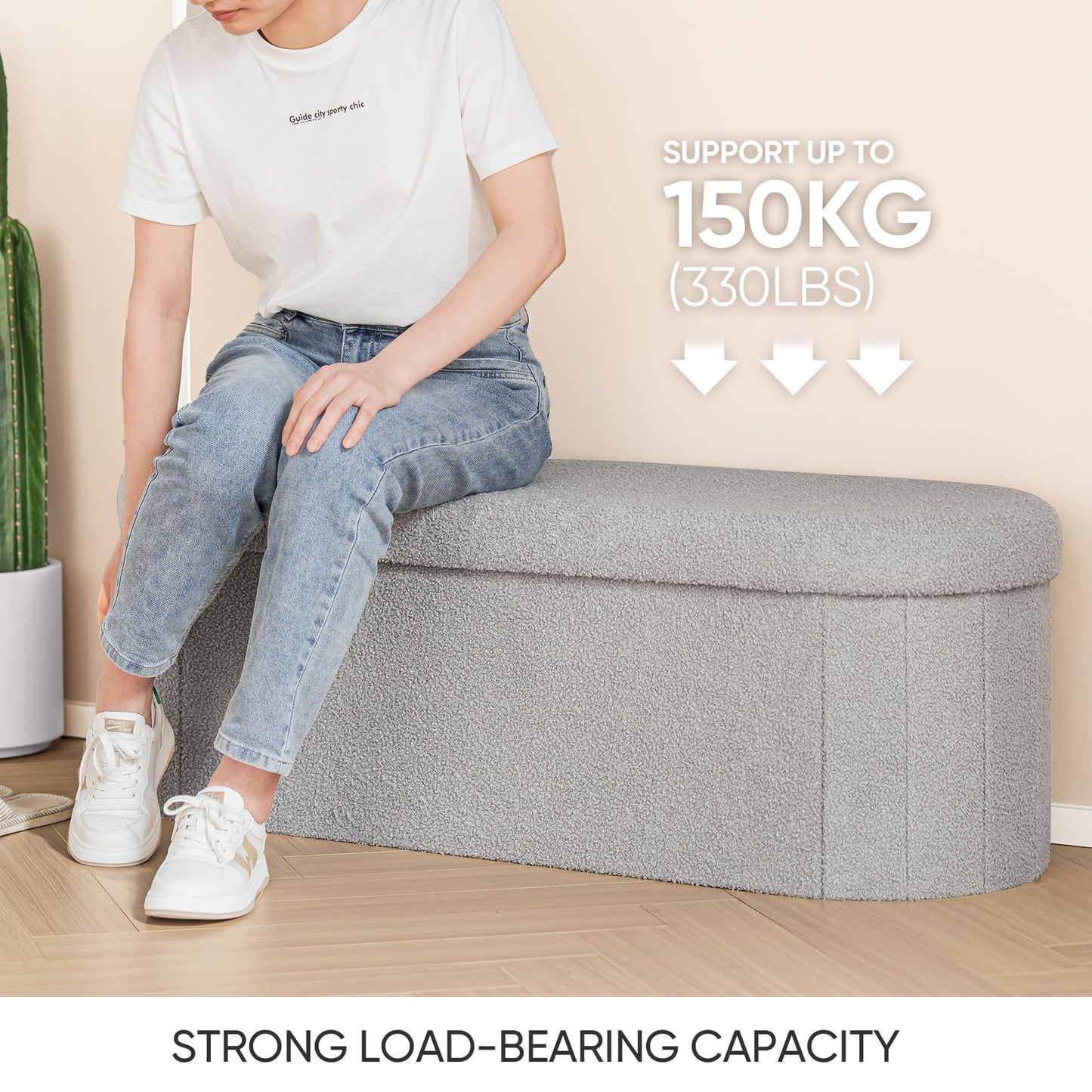 Bonlife Folding Ottoman Storage Bench,Boucle Footstool Oval, End of Bed Stool, Ideal for Living Room, Bedroom, 100L Storage Space,Grey