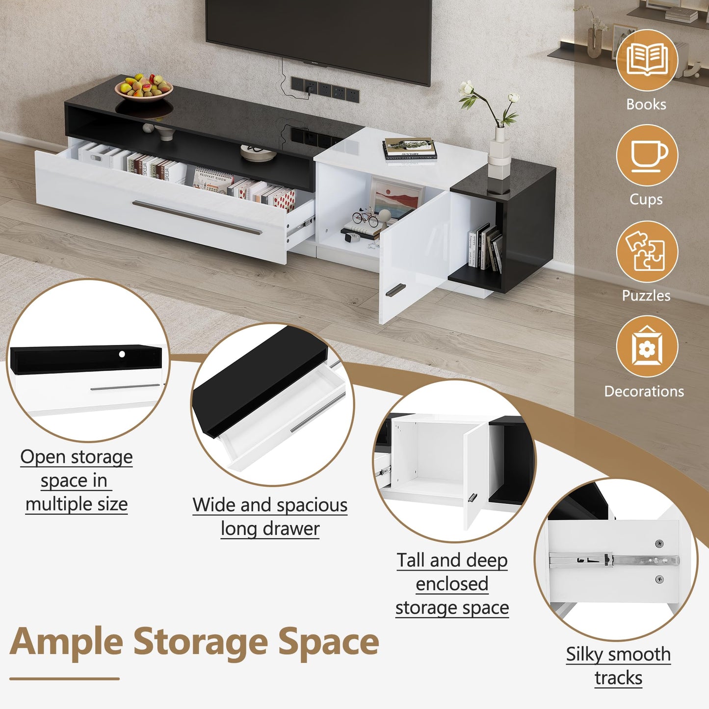 Ball & Cast Modern TV Cabinet with 1 Door, 1 Drawer and 2 Closed Storage Spaces, High Gloss TV Stand for TV up to 70 Inch, 170x38x42cm