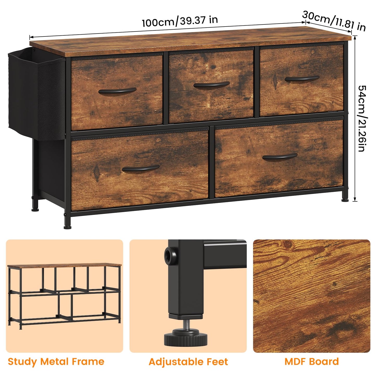 Feonase Fabric 5 Drawer Storage Cabinet with Side Pocket – Wide Dresser Chest for Bedroom, Hallway, Nursery & Closet, Metal Frame & Wood Top