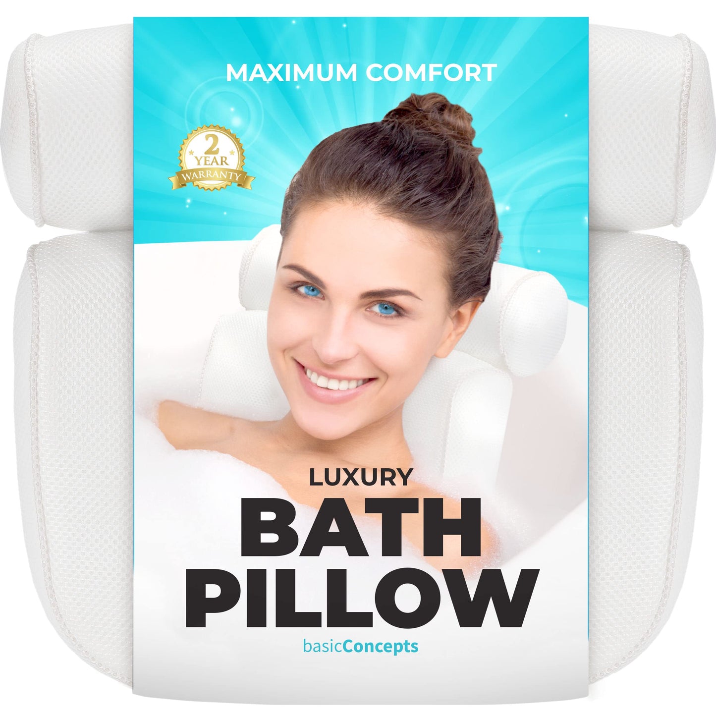BASIC CONCEPTS Bathtub Pillow for Neck and Back Support with Drying Hook, bathtub pillow Machine Headrest for Soaking & Straight Back Tubs - Bath