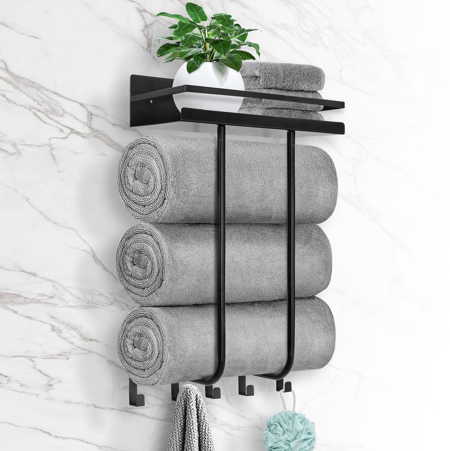 SUNZOS Towel Racks for Bathroom, Towel Rack Wall Mounted with Metal Shelf and 5 Hooks for Small Bathroom, Towel Holder for Bathroom, Bath Towel