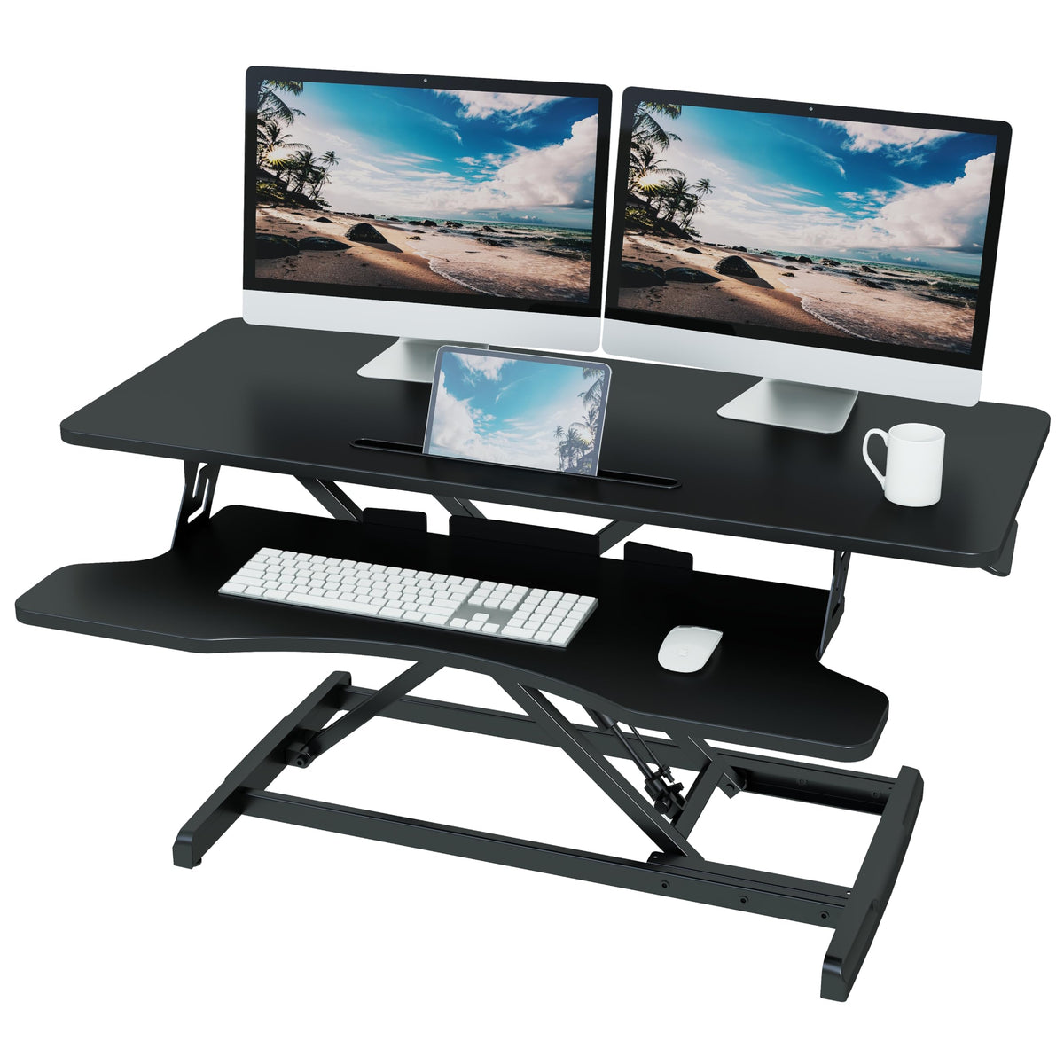 Lubvlook Standing Desk Converter, 37.4"/95cm Wide Height Adjustable Sit Stand Desk Riser for Dual Monitors with Keyboard Tray, Black