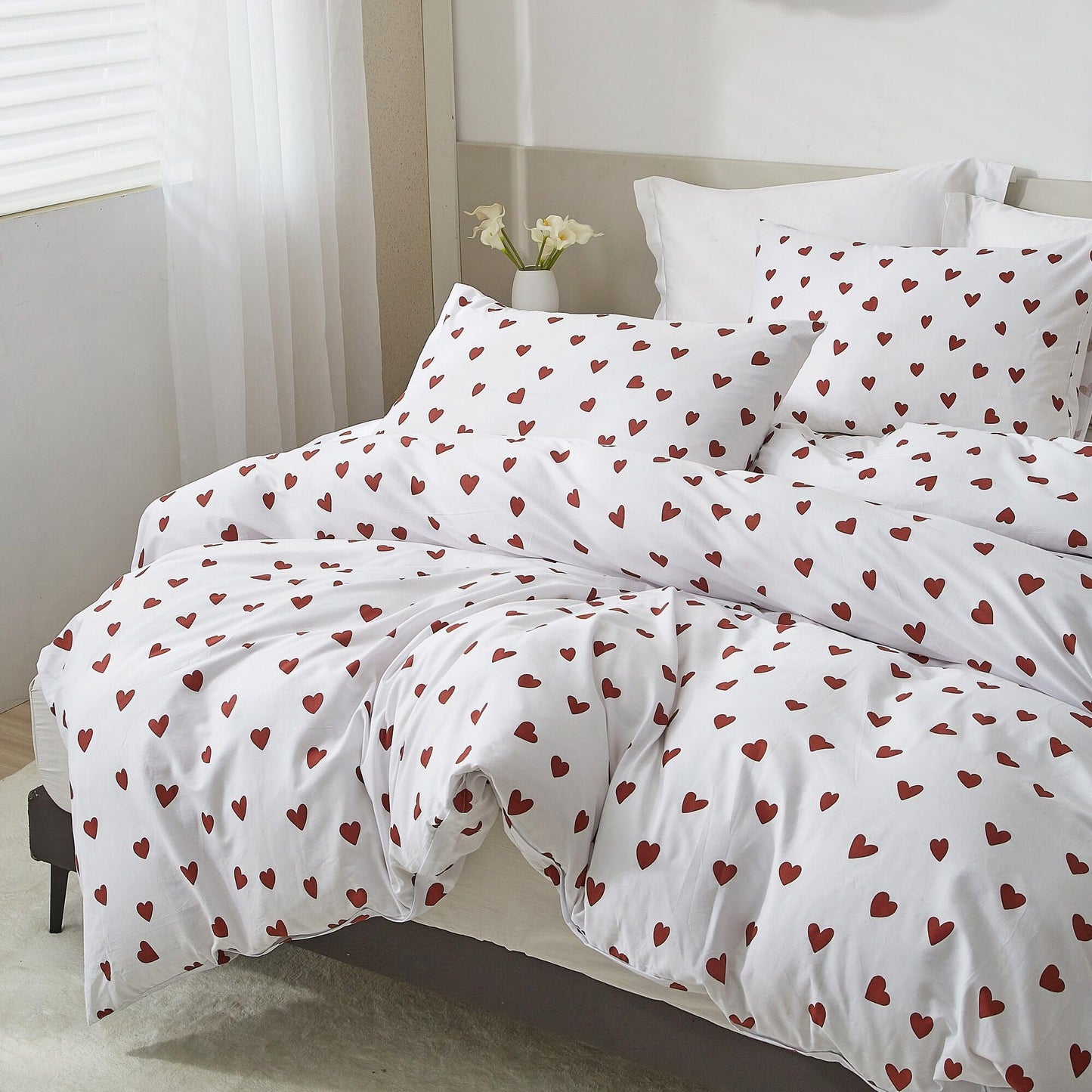 Ruccit Red Heart Duvet Cover Set Double 100% Cotton White Duvet Cover Lovely Heart Pattern 3pcs Modern Bedding Set with Zipper Closure Corner