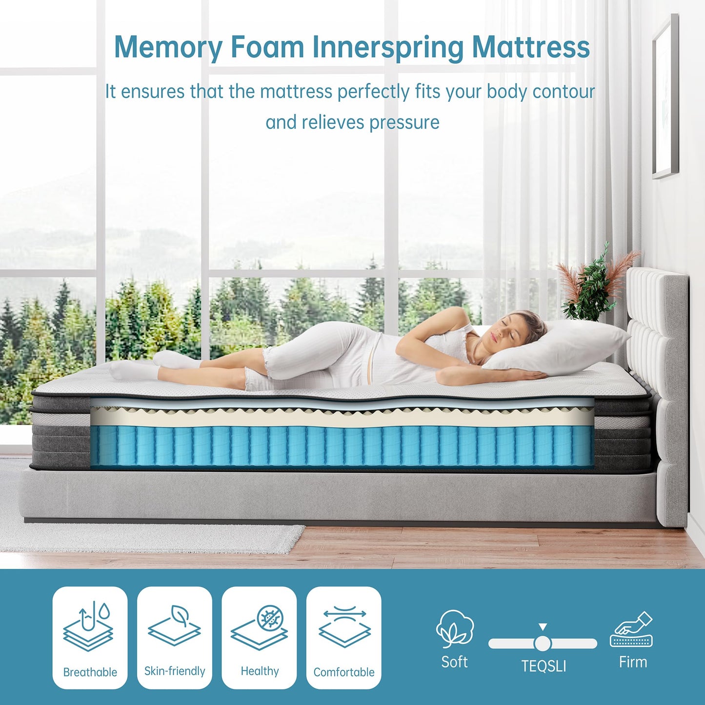 TeQsli Individually Pocket Sprung Double Mattress 4FT6 with Soft Fabric, 10 Inch Hybrid Mattress Double for Pressure & Back Pain Relief