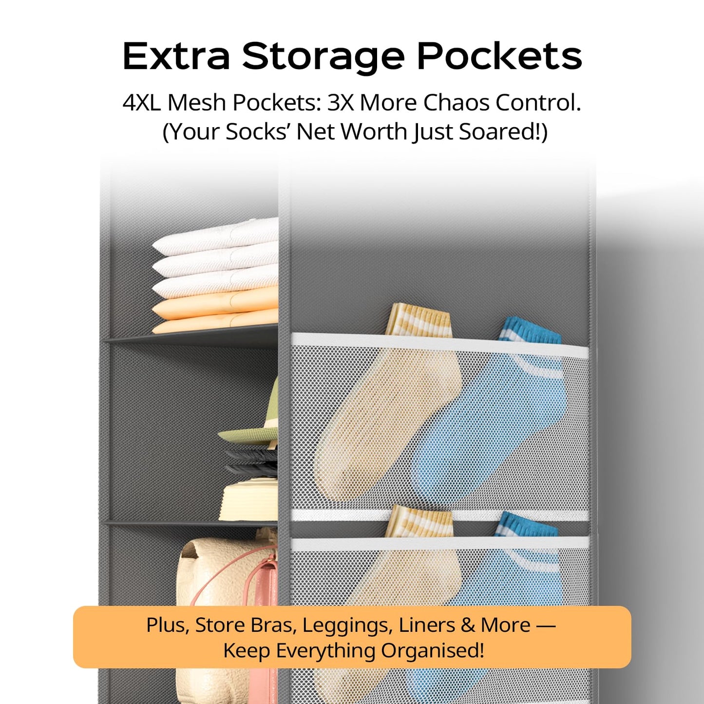 ALLTIDYUP Extra Deep Hanging Wardrobe Organizer – 5-Shelf Closet Storage with Large Mesh Pockets, Heavy-Duty Clothes Organizer, Perfect for Dorms
