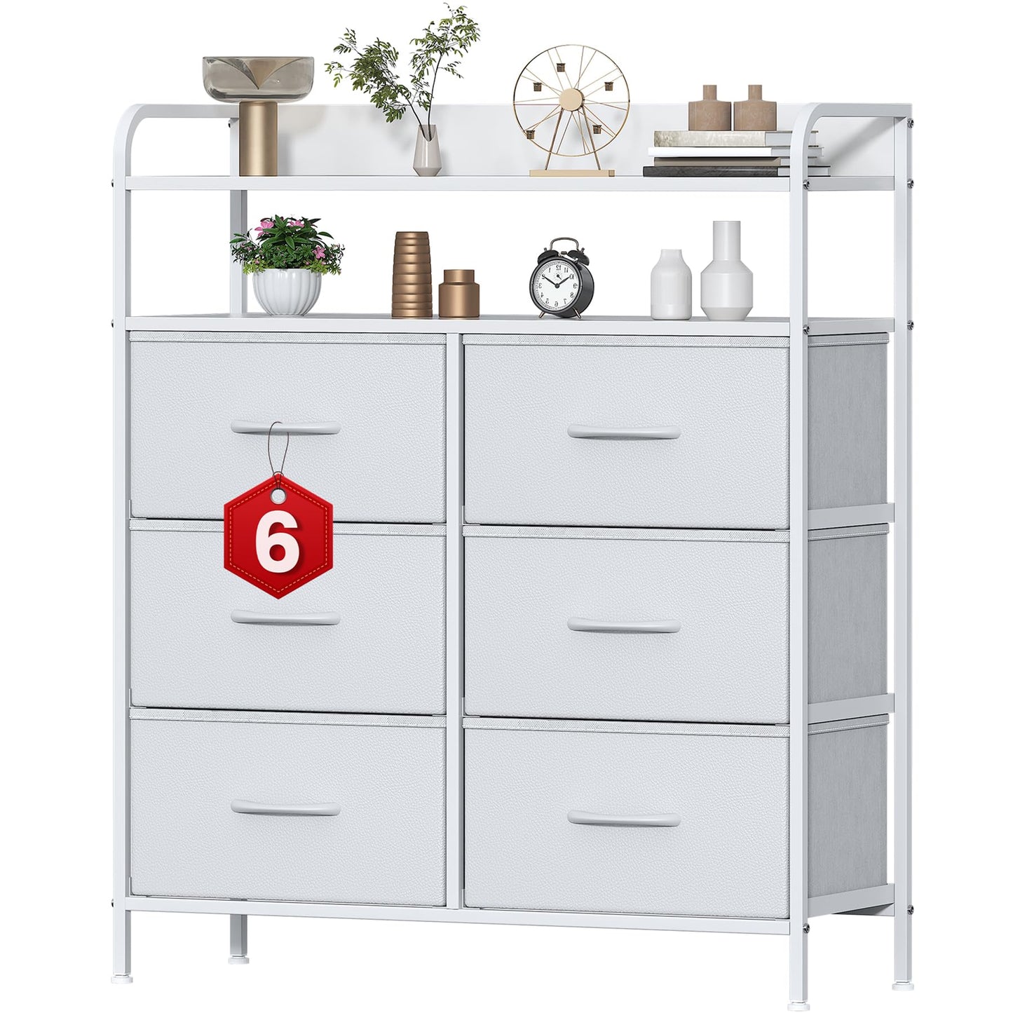 Feonase 6 Drawer Fabric Chest Of Drawers, Double Wooden Top Fabric Storage Tower - Sturdy Steel Frame Dresser for Bedroom/Living Room/Baby Room