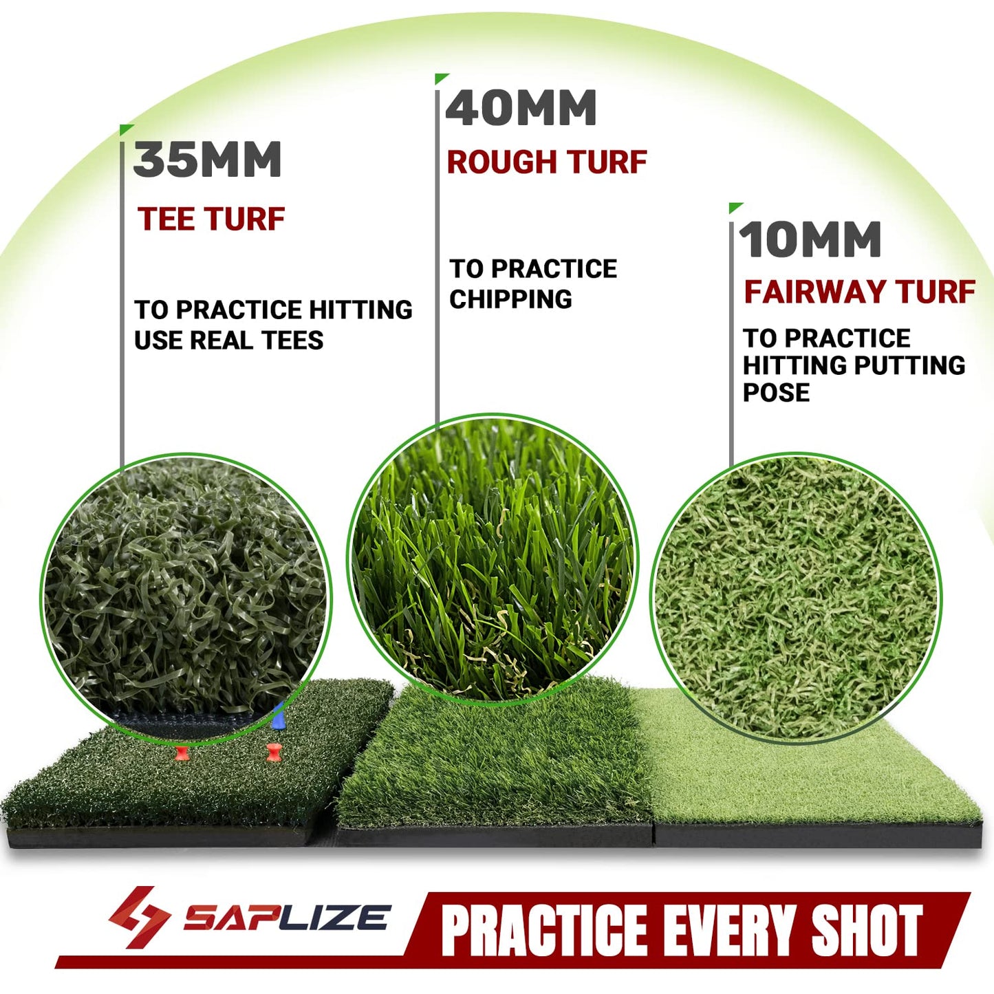 SAPLIZE 30"x15" Foldable 3-in-1 Golf Hitting Mat, Tight Lie, Rough and Fairway for Driving, Chipping, and Putting Training, Portable Golf Practice