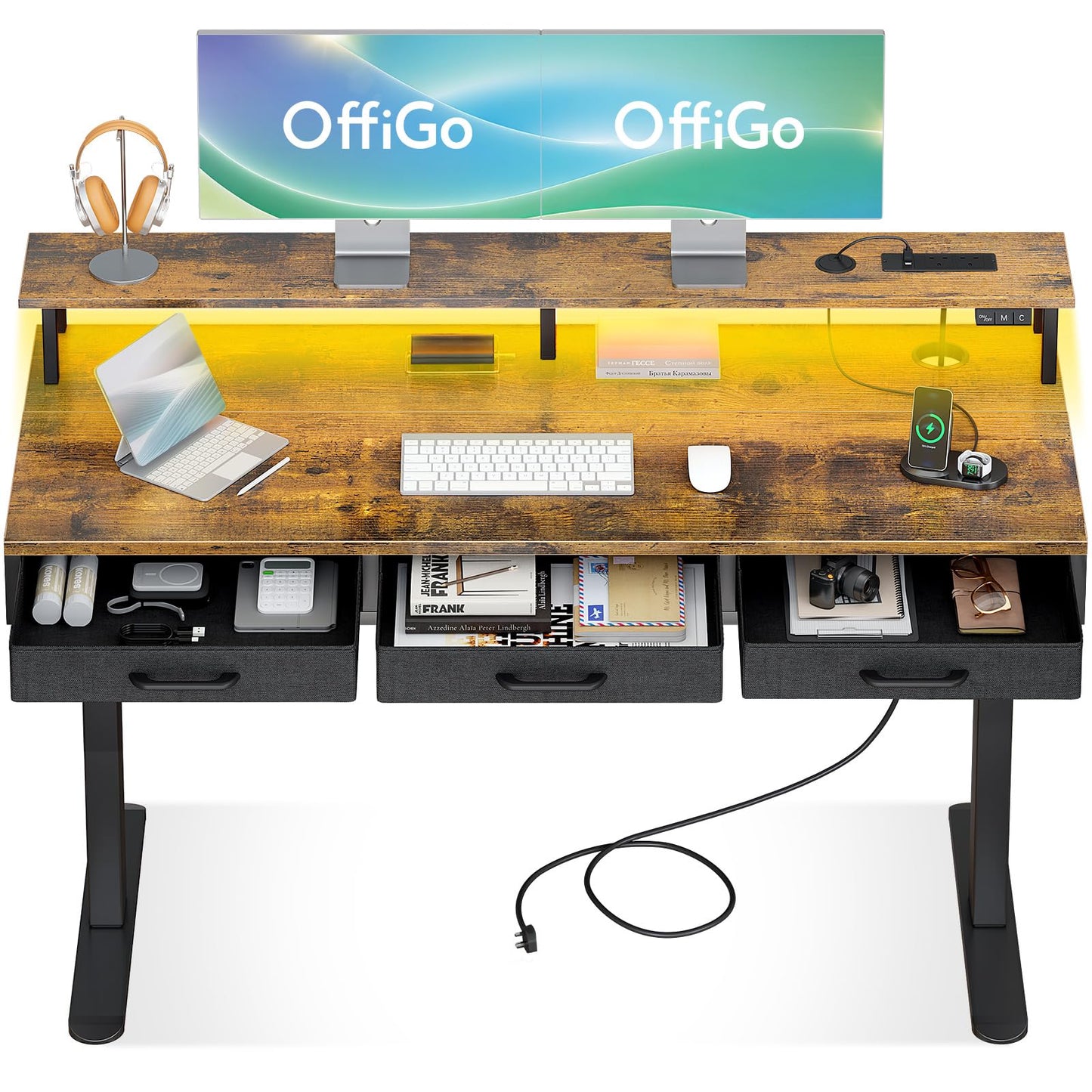 OffiGo Standing Desk with 3 Storage Drawers, 140cm Height Adjustable Desk