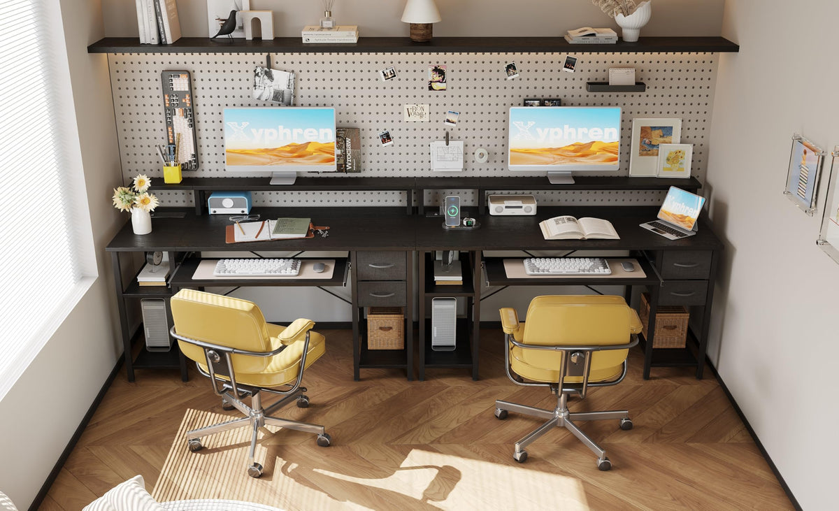 Xyphren Computer Desk with Drawers, Office Desk with Keyboard Tray with Power Outlet & Monitor Stand