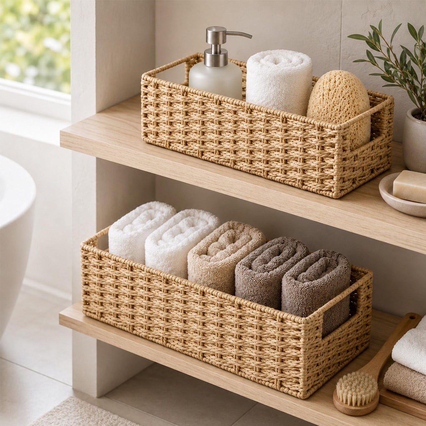 Wicker Bathroom Storage Baskets Set of 2 Seagrass Woven Organizer