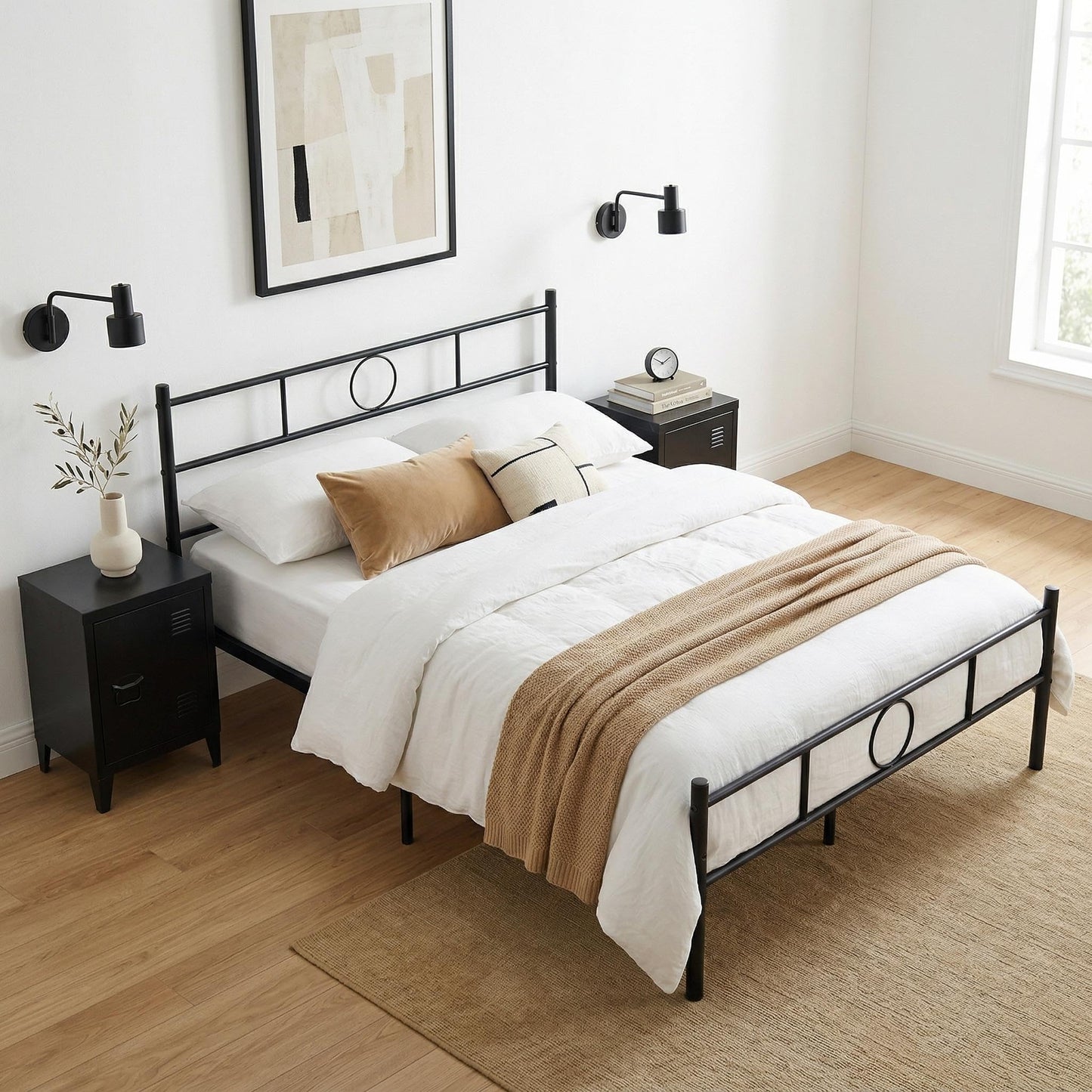 FurnitureR Black Metal Double Bed Frame with Decorative Headboard, Heavy Duty Steel Slats, Noise-Free Support, No Box Spring Needed, Easy Assembly