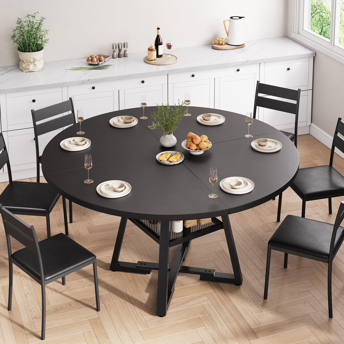 Jocoevol Round Dining Table for 4-6 People, Circle Dinner Table with Shelves, Space Saving Wood Kitchen & Dining Room Furniture (Black, 51 inch