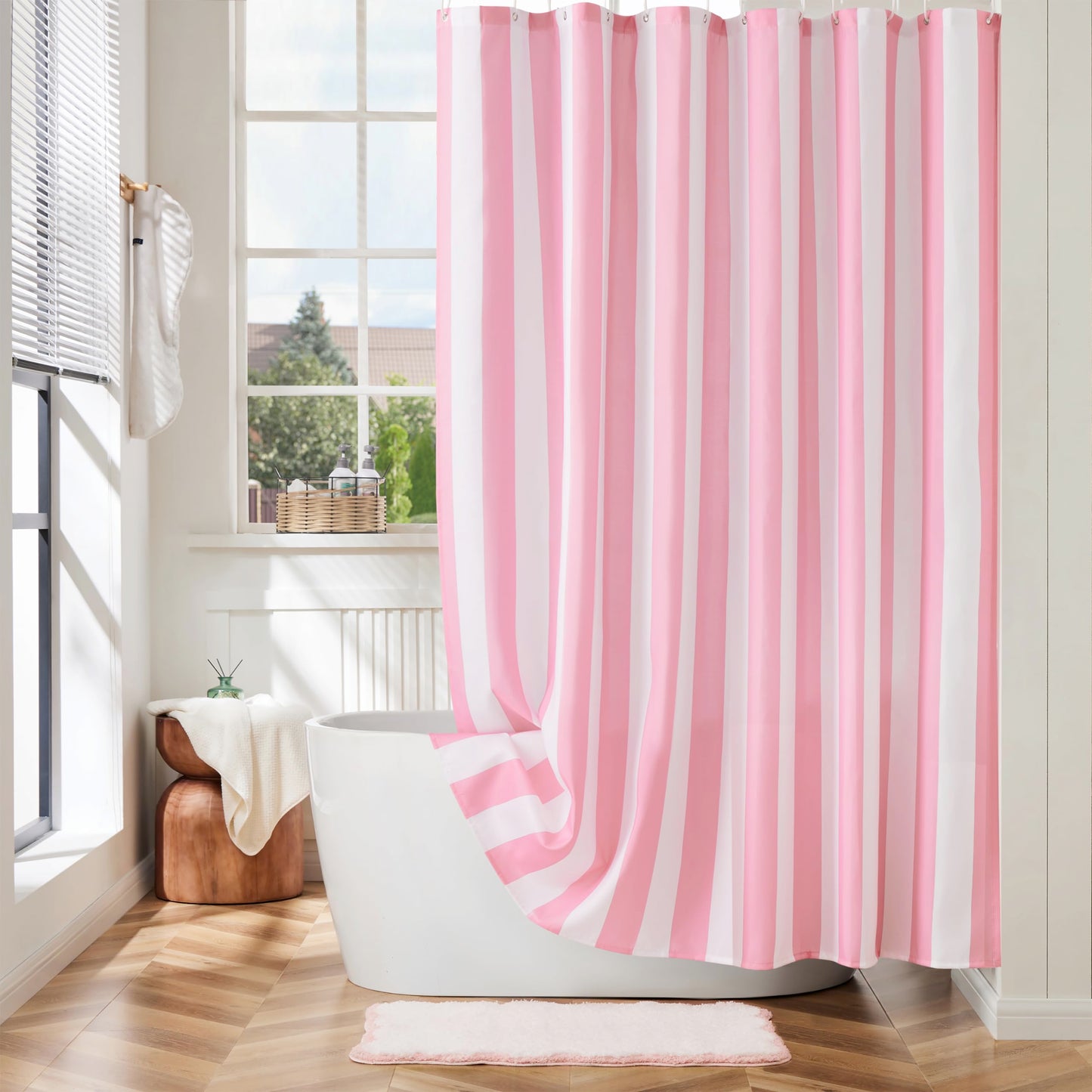 Ohocut Pink Vertical Striped Shower Curtain, Cute Retro Vintage Stripe Bathroom Shower Curtain, Waterproof Polyester Fabric Modern Bath Curtain for