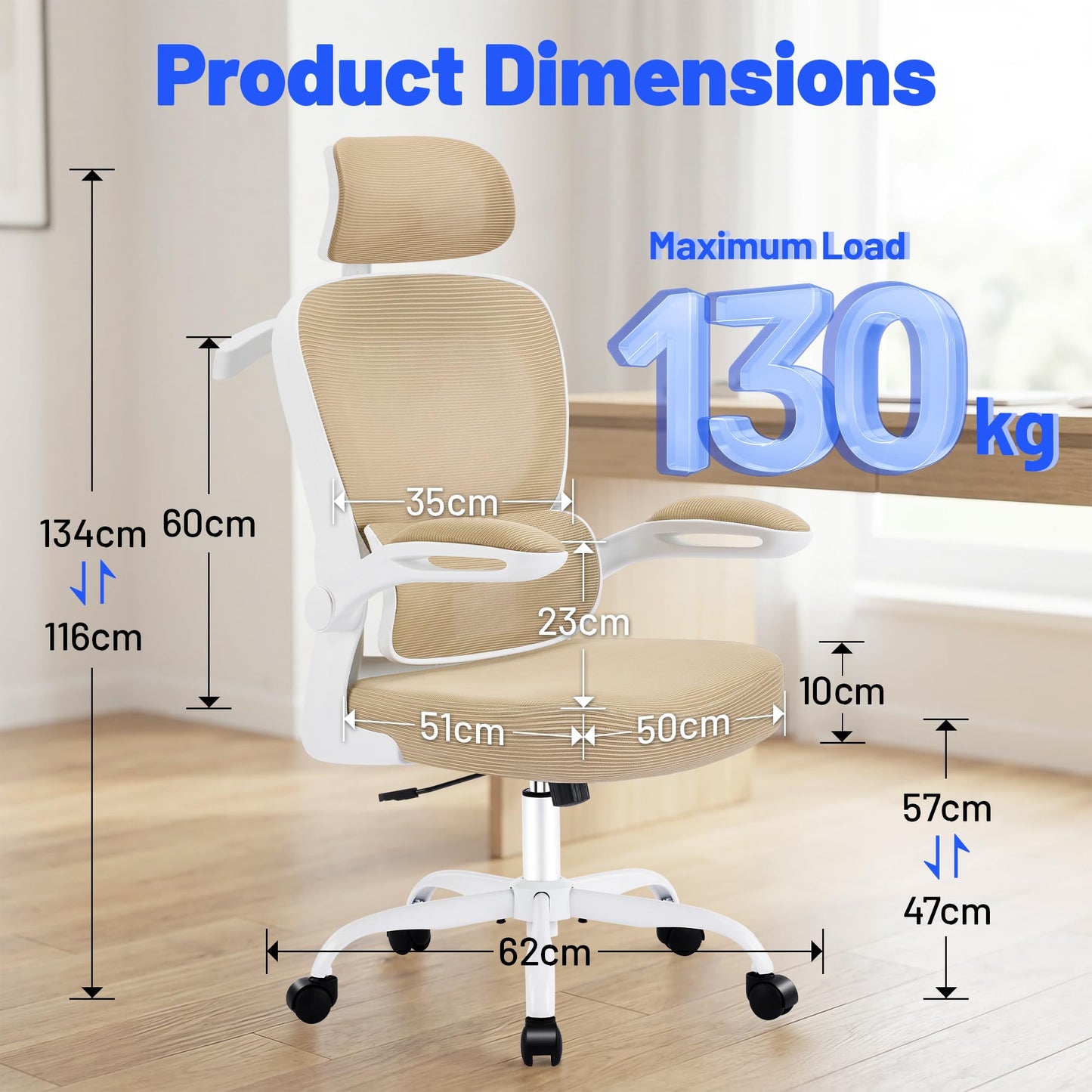 Coscendo Ergonomic Office Chair with Headrest & Lumbar Support, Khaki