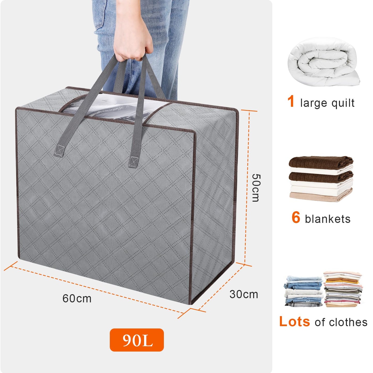 AiQInu Storage Bag Large 90 L, Foldable Clothes Storage with Reinforced Handle (2 Pieces)