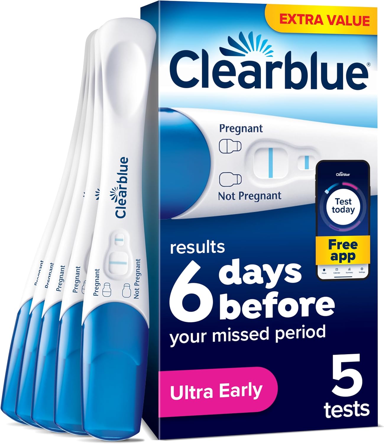 Clearblue Pregnancy Tests, Results 6 Days, 5 Tests, Expiry date 04/28, New but open, scruffy box