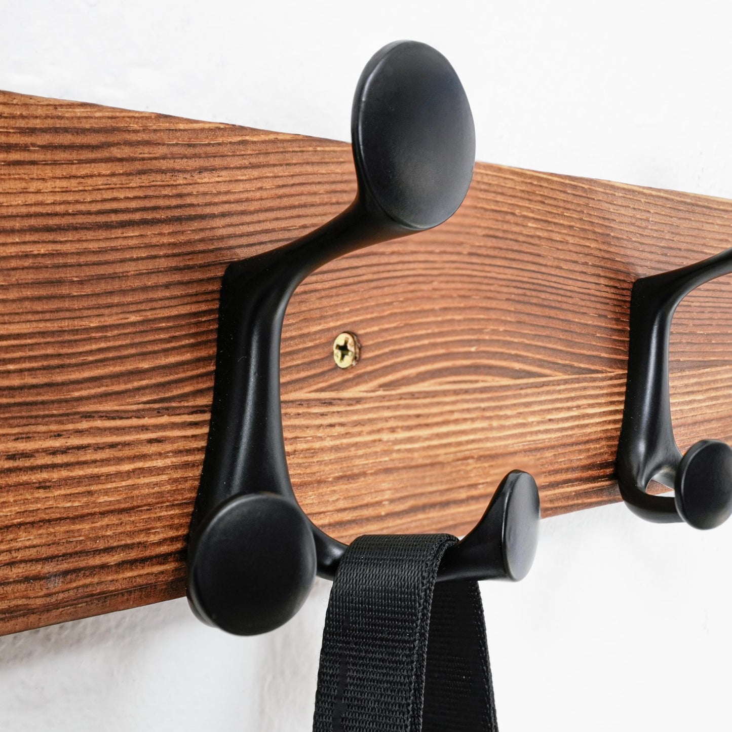 HONSKY Wall Mounted Coat Rack, 43cm Brown Pine Wood Base, 3 Black Sturdy Aluminium Alloy Triple Hooks (9 Hanging Points)