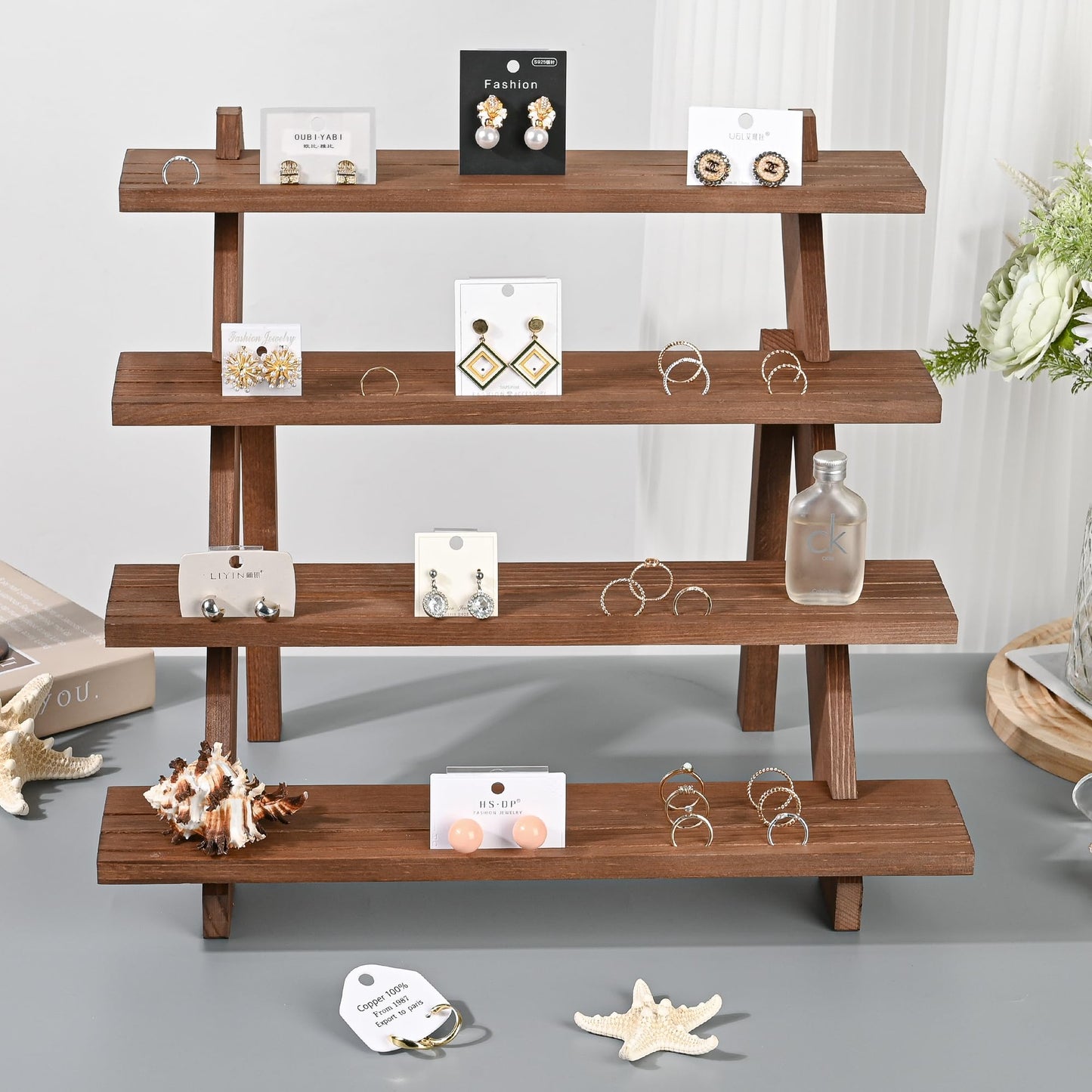 LEXFUNN Wooden Jewellery Display Rack Stand Earring Stall Stand Organizer Shelf 3/4 Tier (4 Tier - Brown)