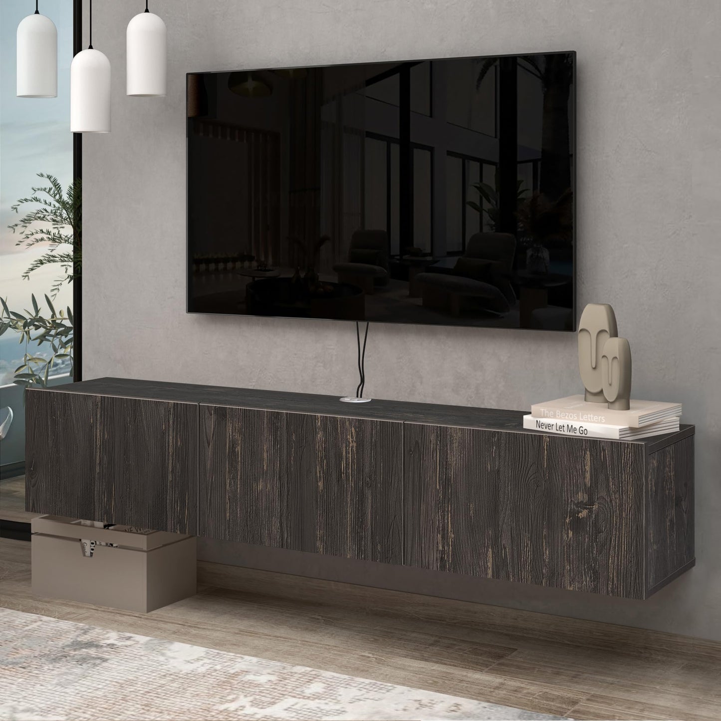 Atelier Mobili Black Floating TV Stand, TV Stand 65 Inch, Floating Entertainment Center for 80 inch TV, Black TV Cabinet, Floating TV Shelf Under TV