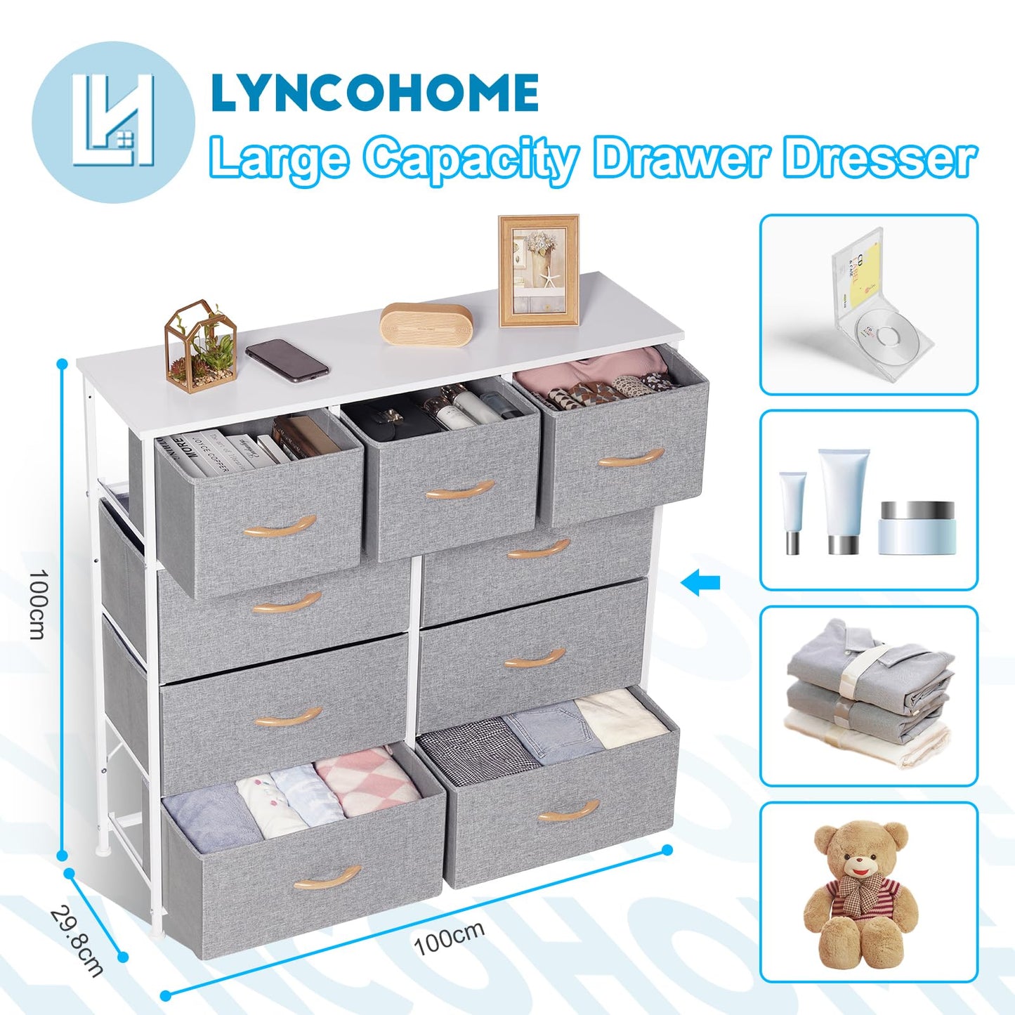 LYNCOHOME Chest of Drawer Bedroom, 9 Drawers Dresser with Deep and Large Drawers, Fabric Storage Drawers Easy to Assemble, for Bedroom, Kids room,