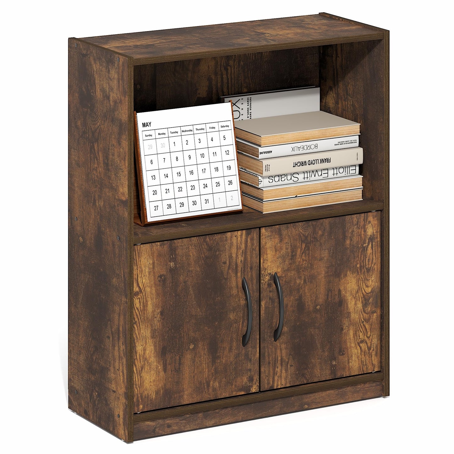 Furinno GRUEN Book Shelf, 2-Tier Small Bookshelf, Bookcase with Open Shelf and Doors Storage Cabinet, 23.6 x 55.4 x 68.6 cm, for Living Room, Bedroom