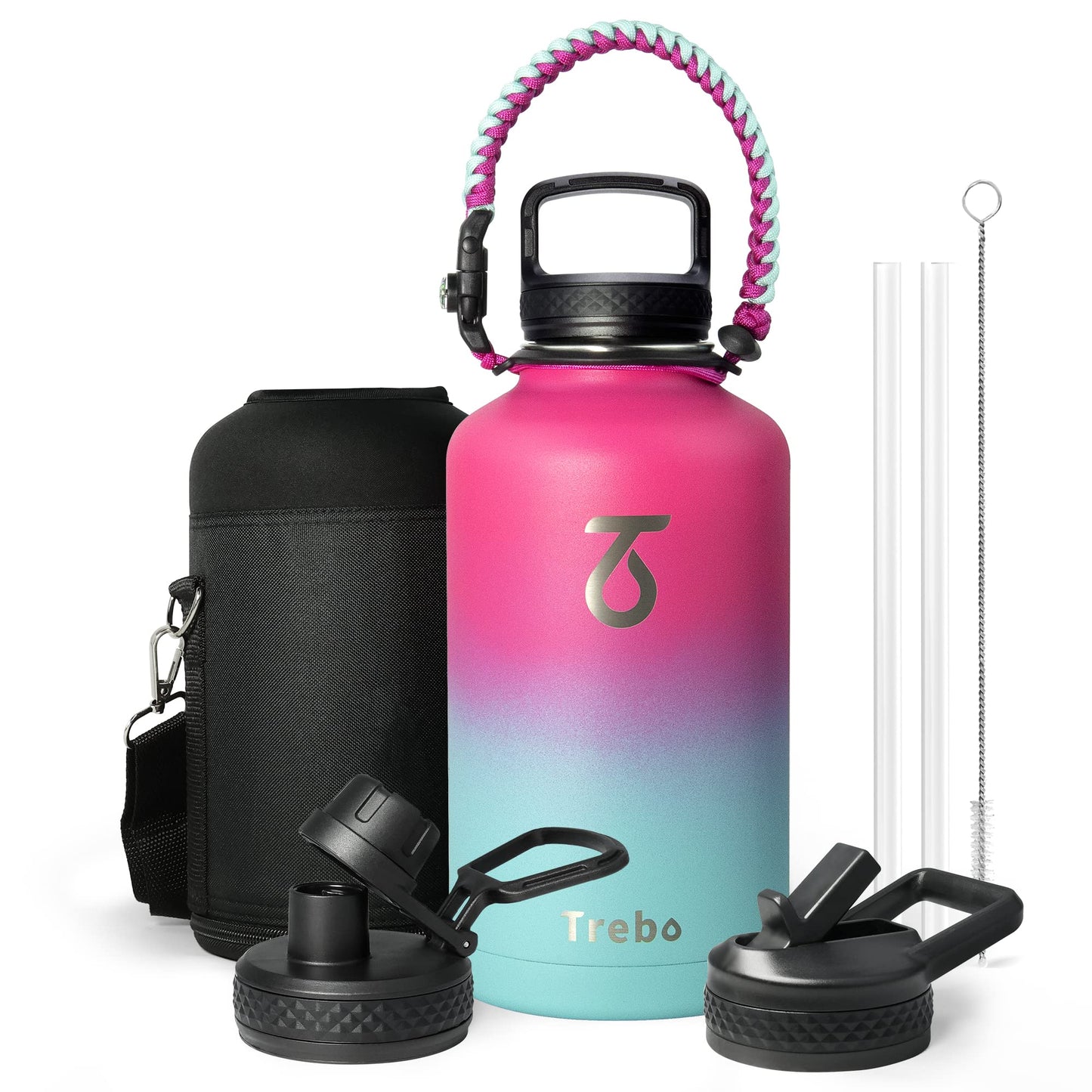 Trebo Stainless Steel Water Bottle 2L, Wide Mouth Insulated Water Bottle Double with Paracord Handle Sports Bottle Keep Cold 48 Hours Water Bottle