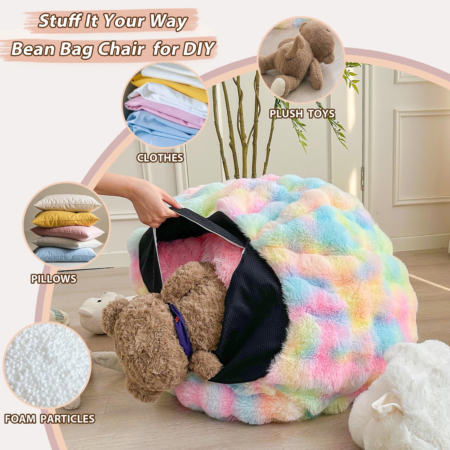 LIFEREVO 3FT Fluffy Faux Rabbit Fur Bean Bag Cover, No Filler, Rainbow
