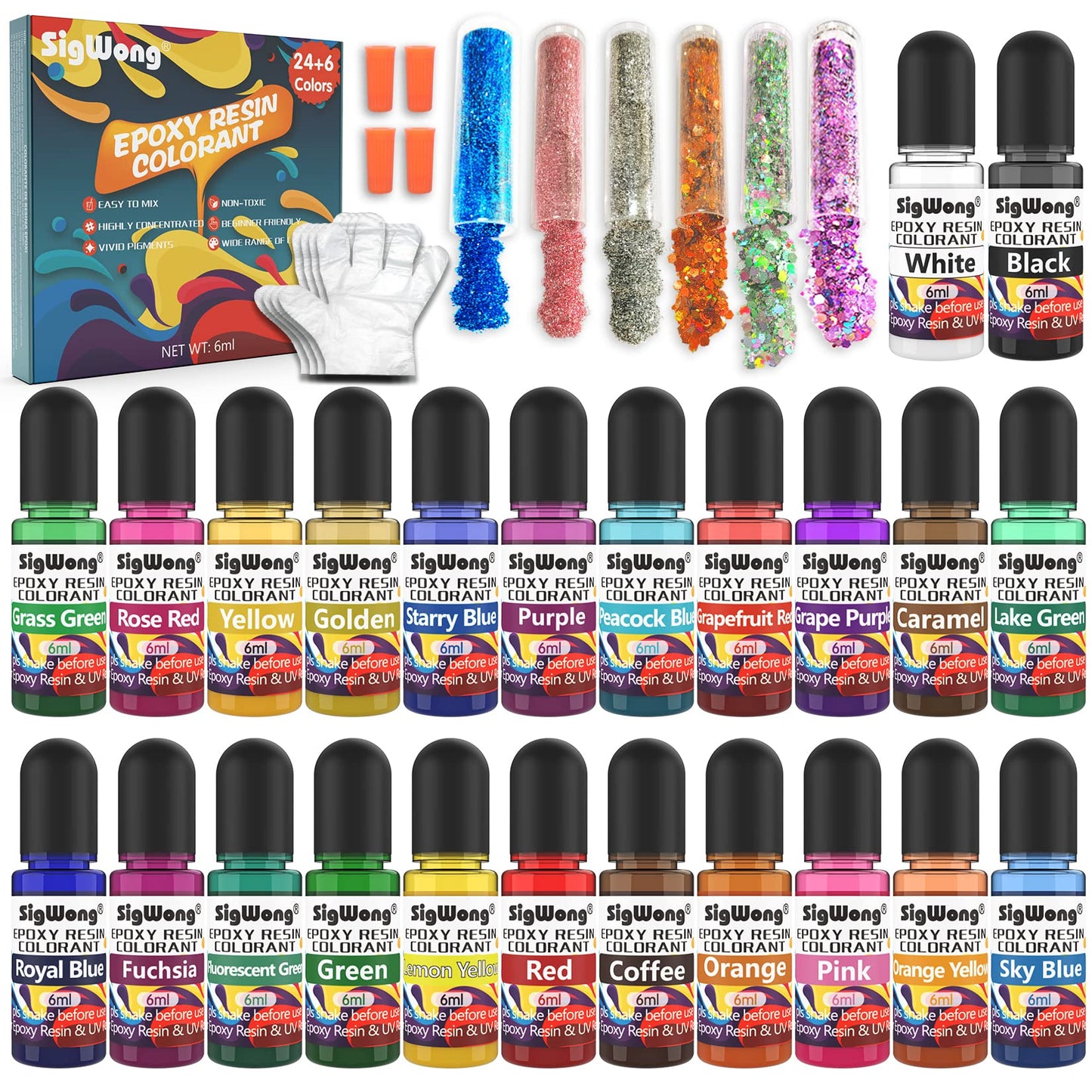 Epoxy Resin Pigment - 24 Color Liquid Translucent Epoxy Resin Colorant with 6 Glitter, Highly Concentrated Epoxy Resin Dye for DIY Jewelry Making, AB
