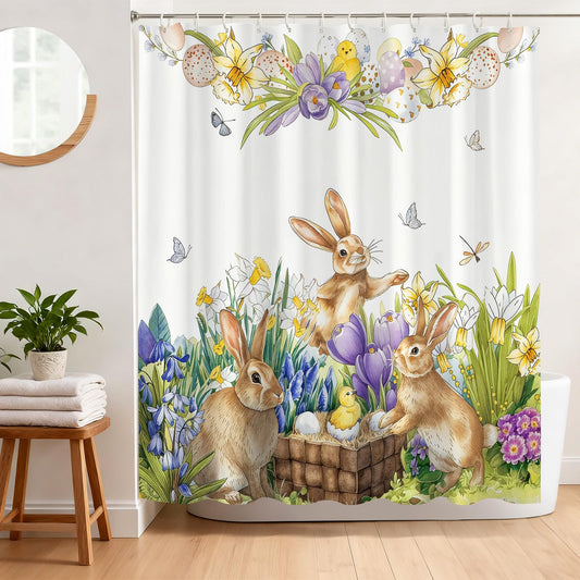 BREASOME Spring Easter Bunny Shower Curtain 180 x 180 cm Cute Rabbit Chicken Egg Floral Shower Curtain for Bathroom Decor Mould Proof Waterproof
