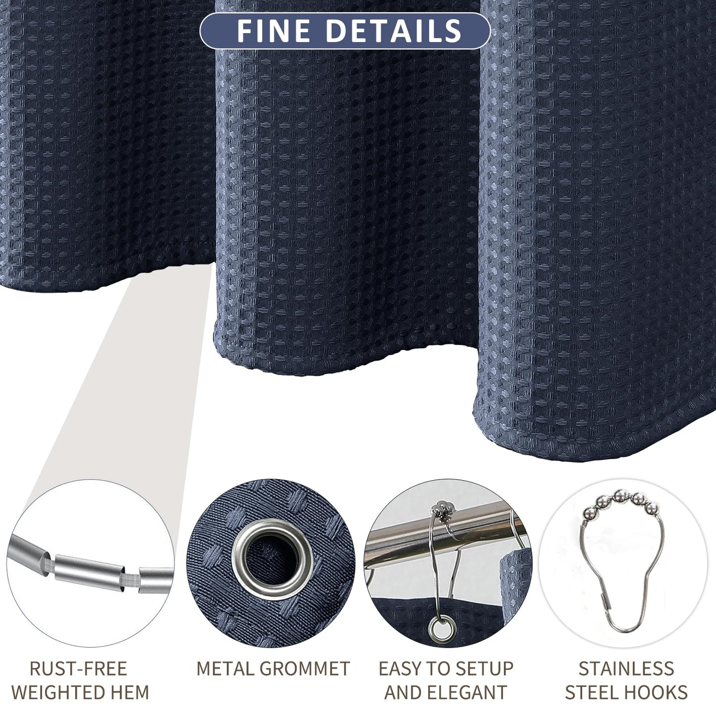 FY&XZH Heavy-Duty Waffle Weave Shower Curtain with Stainless Steel Hooks, Thick Fabric for Bathroom, Hotel, Spa & Salon-183 x 198cm (Navy Blue)