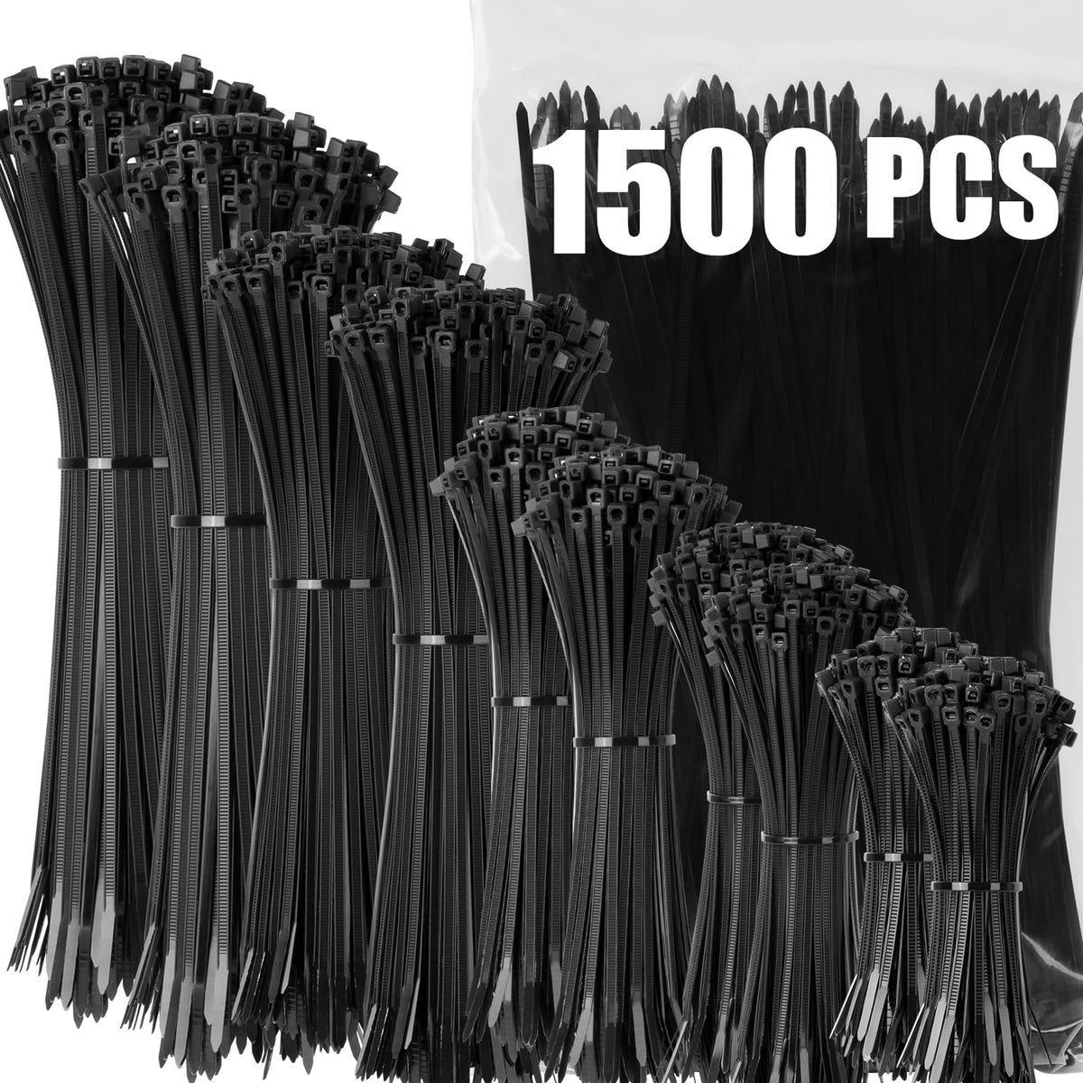 XINGO Cable Zip Ties, 1500 Pack Black Zip Ties Assorted Size 4+6+8+10+12 Inch,Self-Locking UV Resistant Nylon Cable Ties, Perfect for Home, Office,