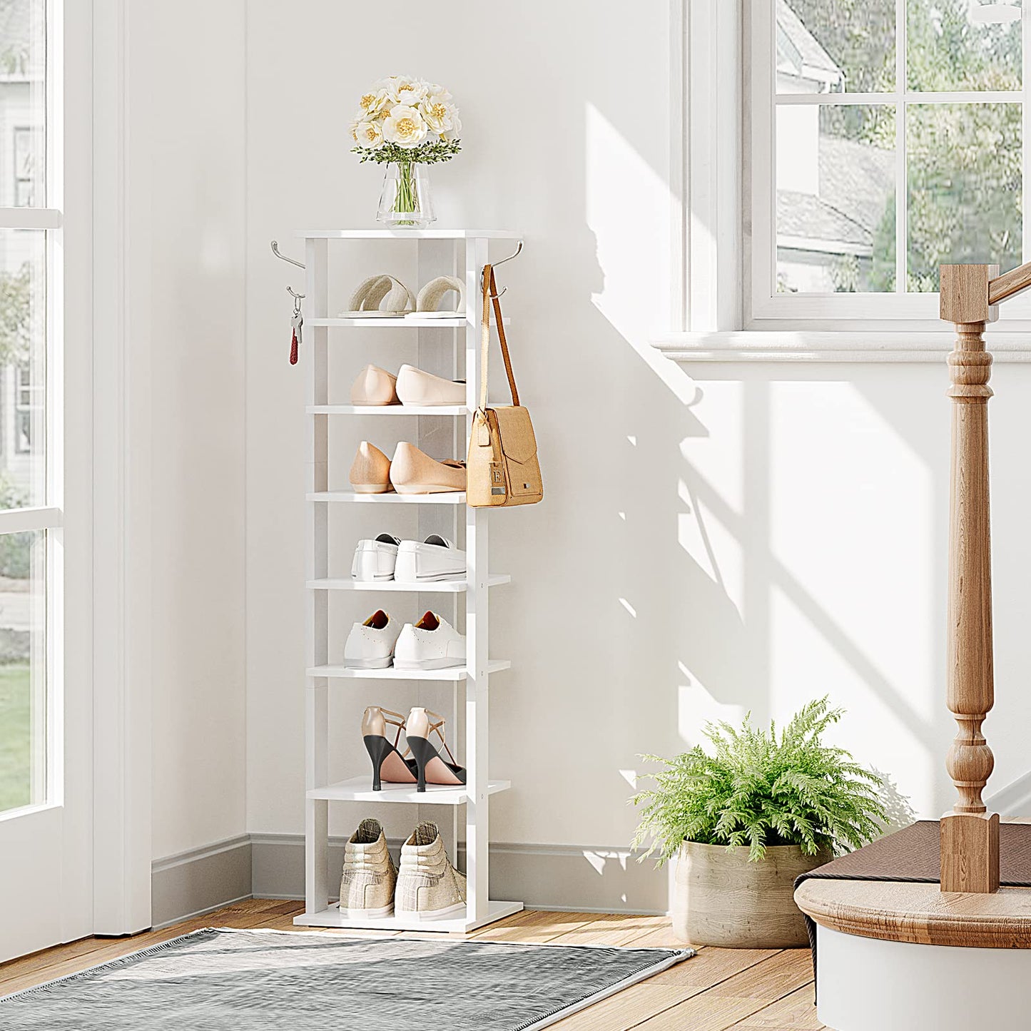 HOOBRO Shoe Rack Wooden, White Shoe Rack, Tall, Narrow Shoe Storage Organizer with 2 Hooks, Slim Shoe Shelf, Vertical Shoe Tower for Entrance, Living