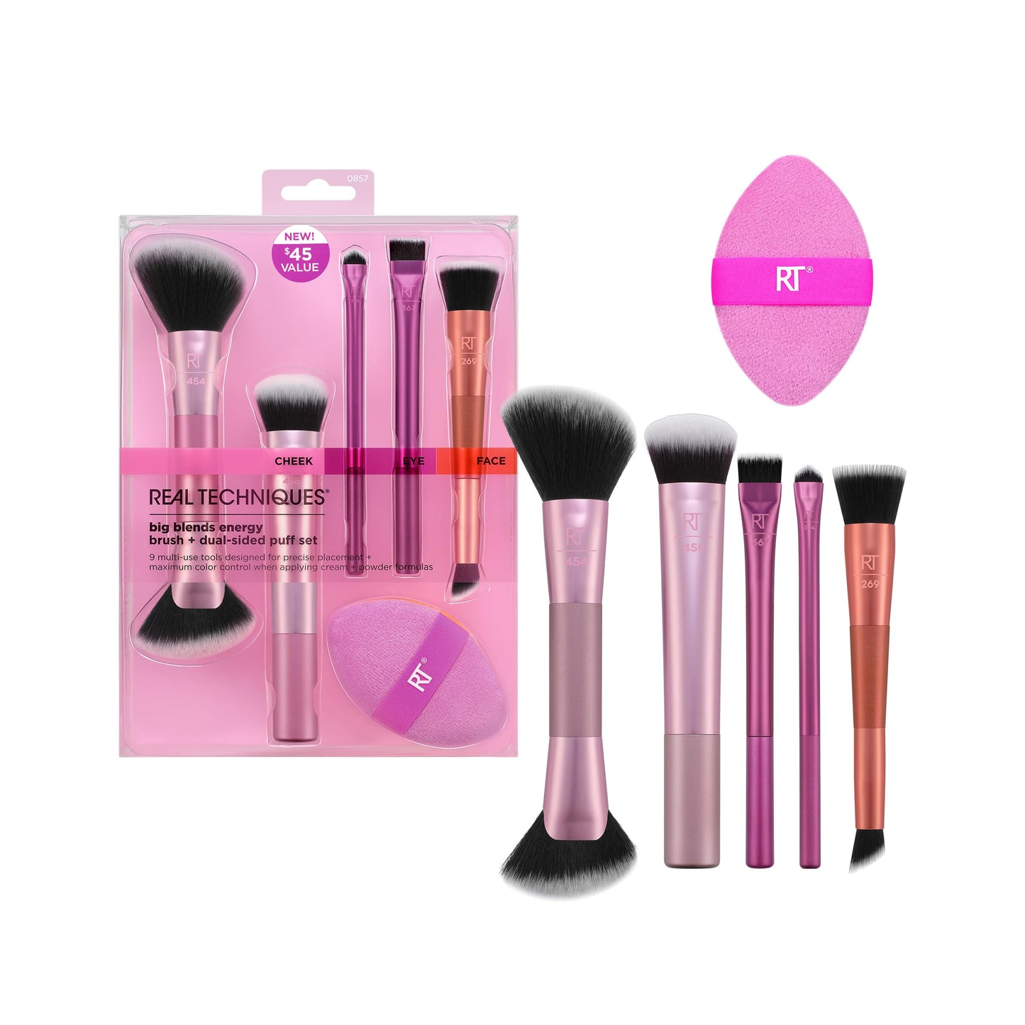 Real Techniques Big Blends Energy Brush + Dual-Sided Puff, 6 Piece Kit for Powder, Cream & Liquid Application, Precision Tools for Contour, Blending &
