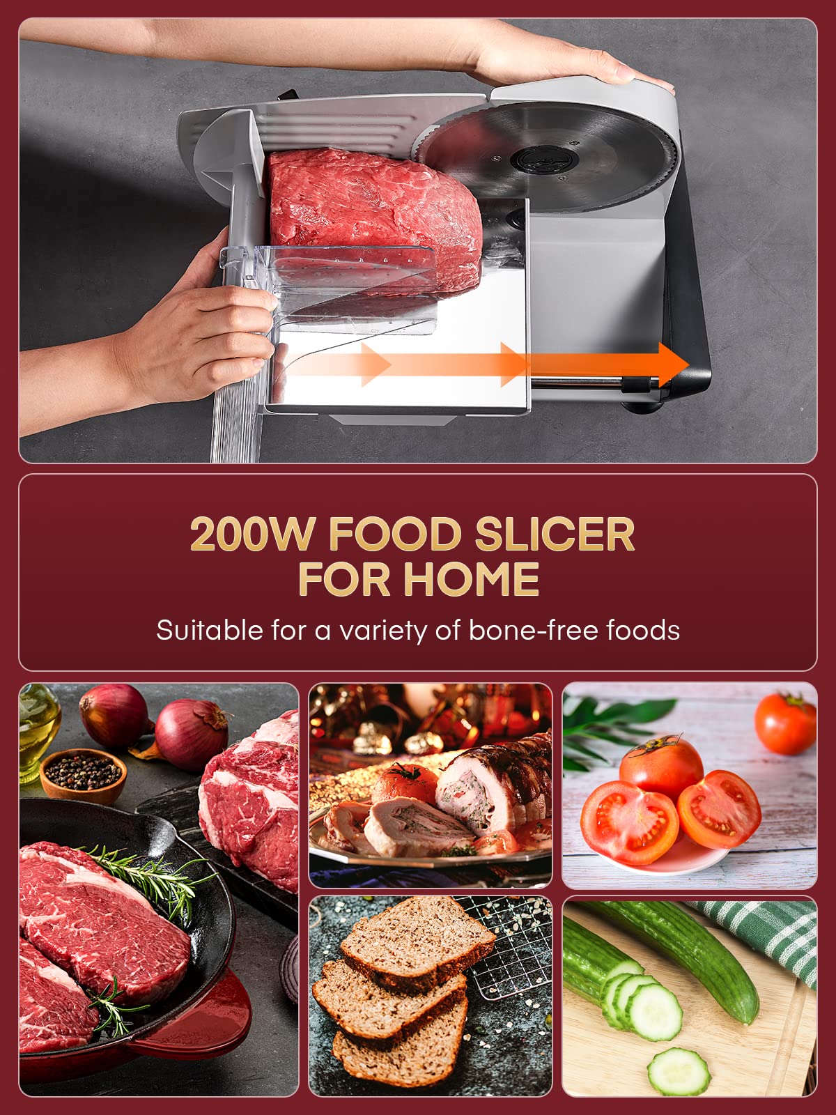 Meat Slicer with 2 * 19cm Blade, Electric Meat Slicer Machine for Home Use 200W, FOHERE Deli Food Slicer, 0-15mm Adjustable Thickness for Cheese,
