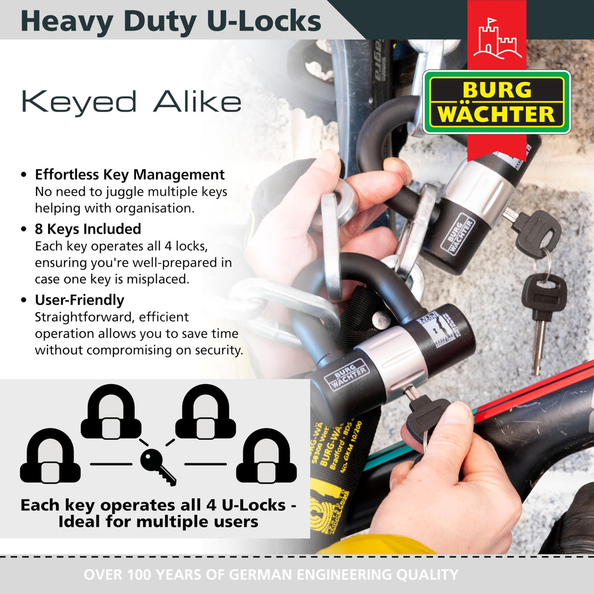 Burg-W?chter 100D Quadra Sold Secure Gold Pack, Black, Quad Keyed Alike U Locks