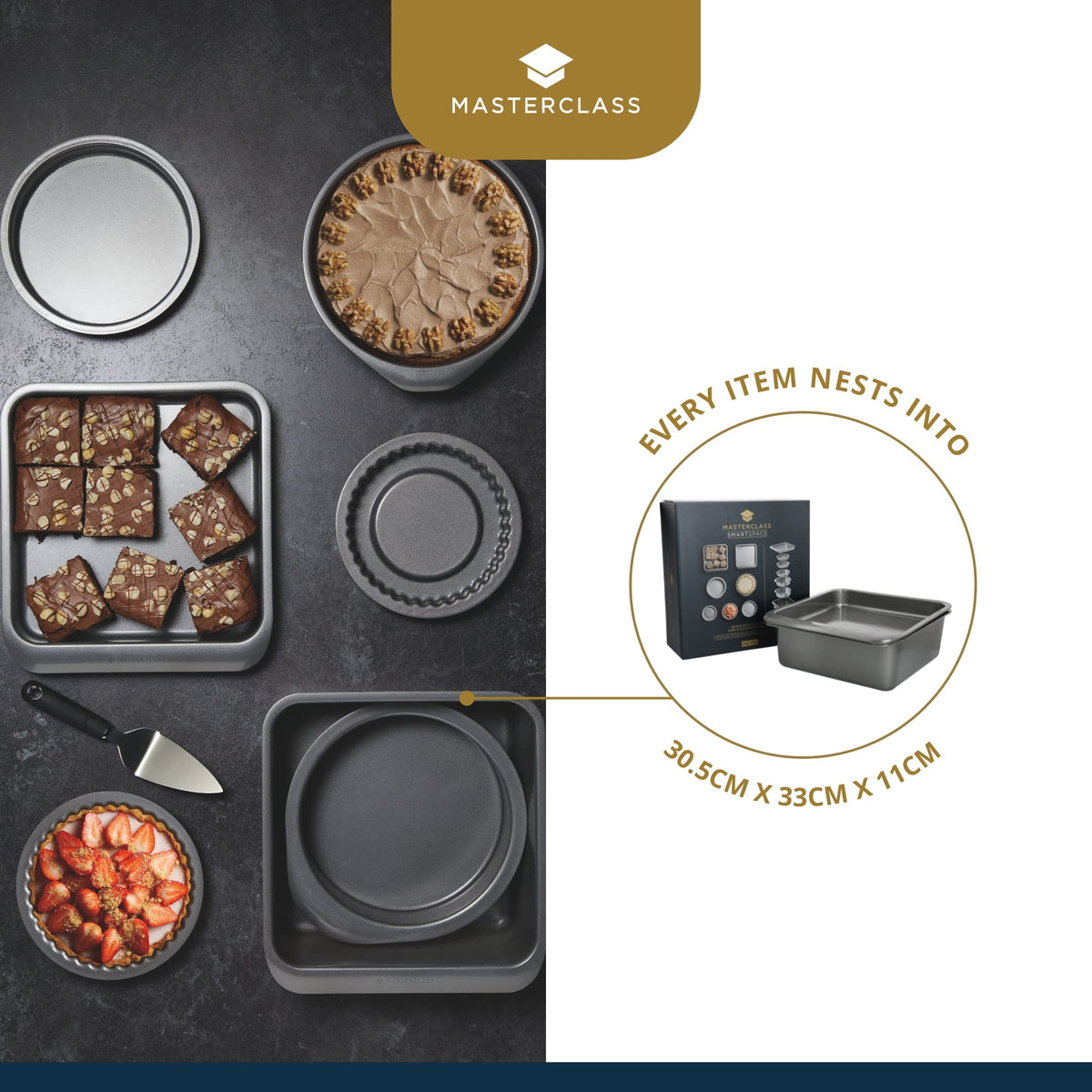 MasterClass Smart Space Non Stick Bakeware/Baking Set, Carbon steel, Grey, 7 Pieces