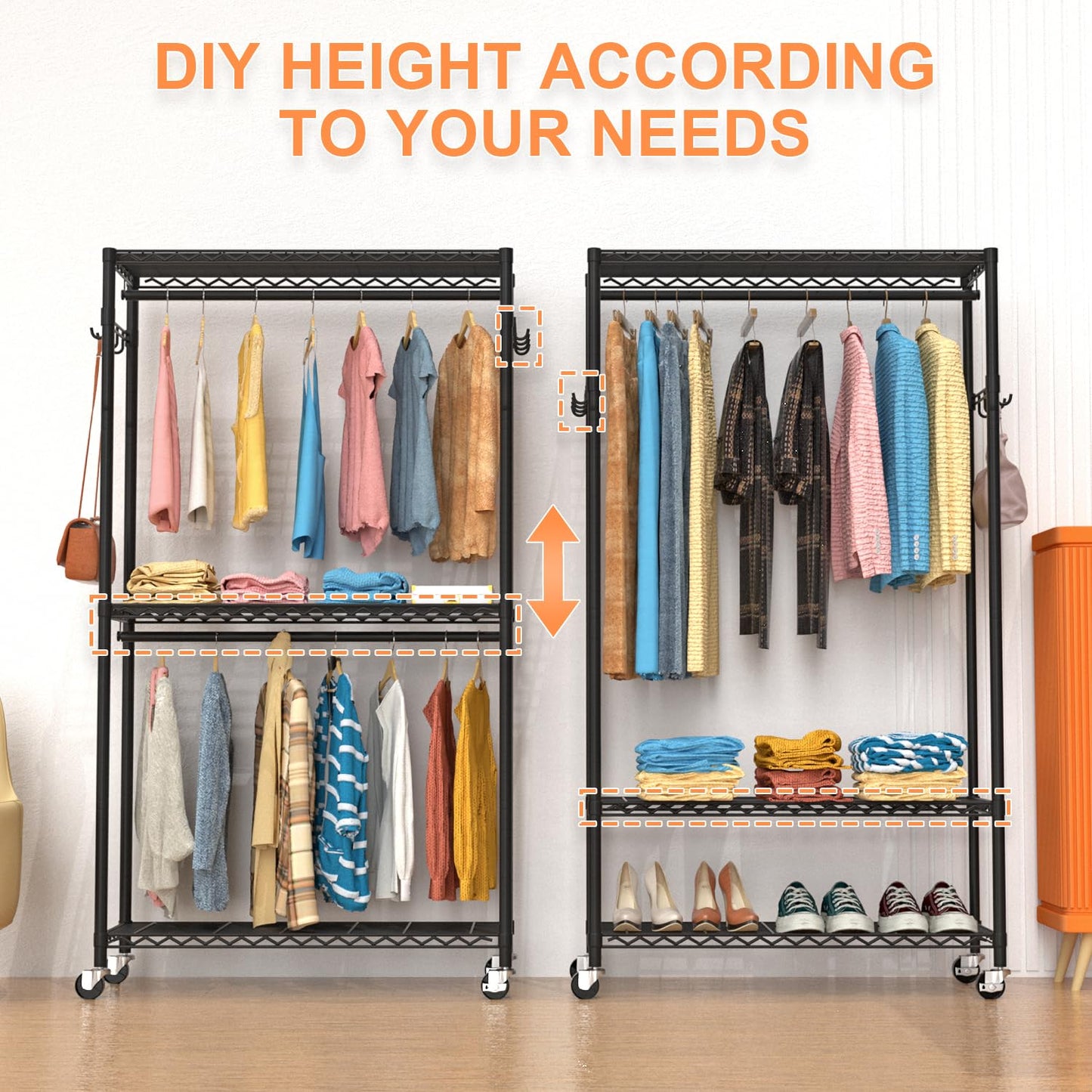 VyGrow Clothes Rail, Clothes Rack for Hanging Clothes, 3 Tiers Adjustable Garment Rack with Wheels, Double Rods, Side Hooks, Heavy Duty, Black