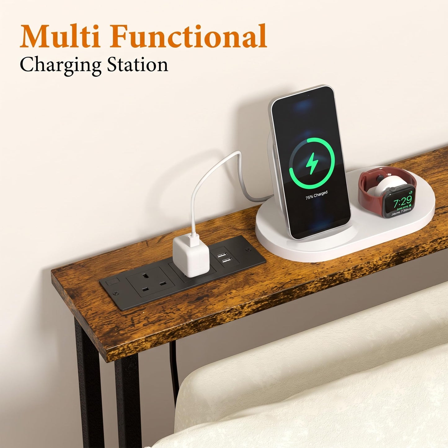 Keelian 160 cm Behind Sofa Console Table with Power Outlet Rustic Brown