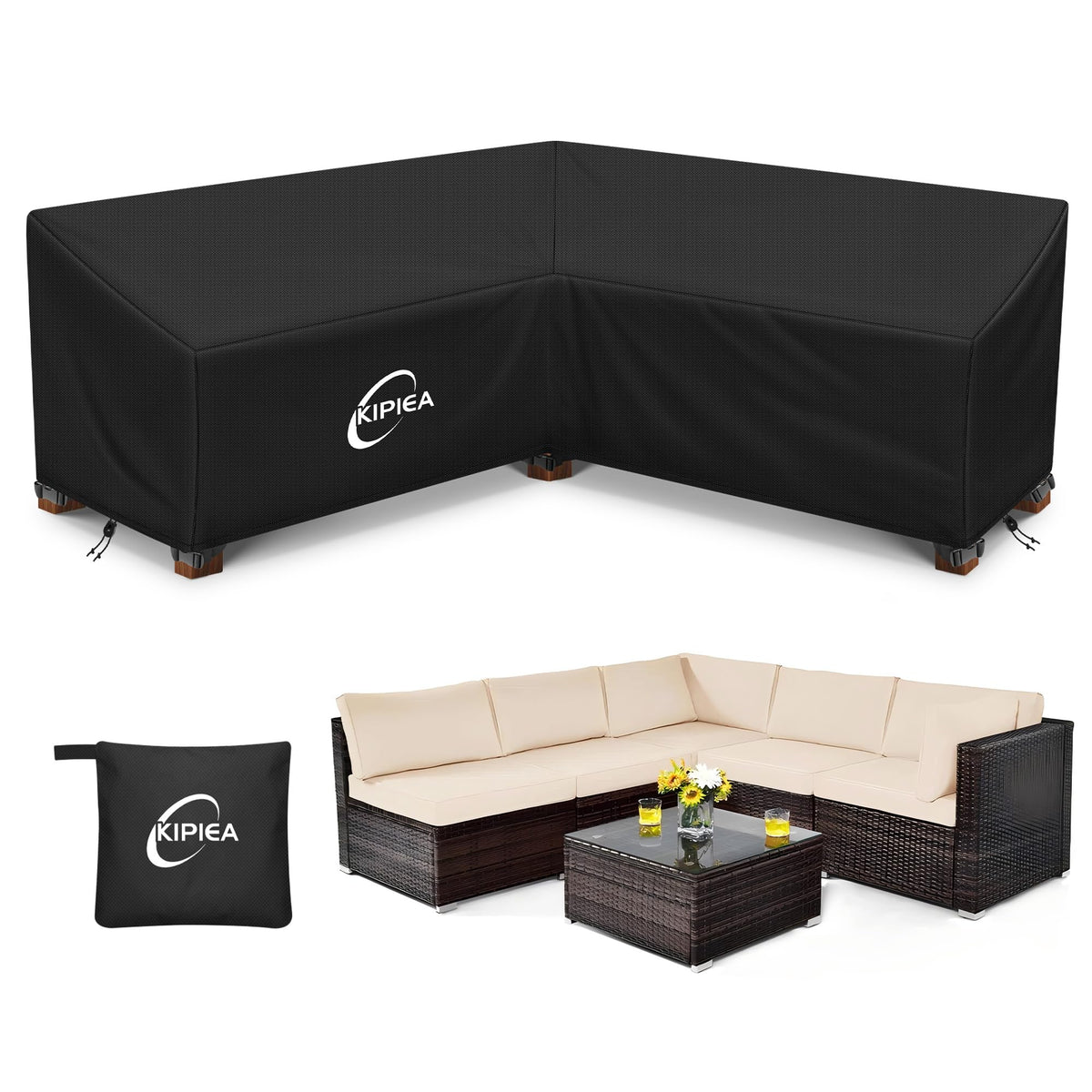 Kipiea V Shaped Garden Furniture Covers Waterproof, 420D Heavy Duty Oxford Fabric Outdoor Rattan Corner Sofa Covers with Windproof, Garden Sofa Cover,