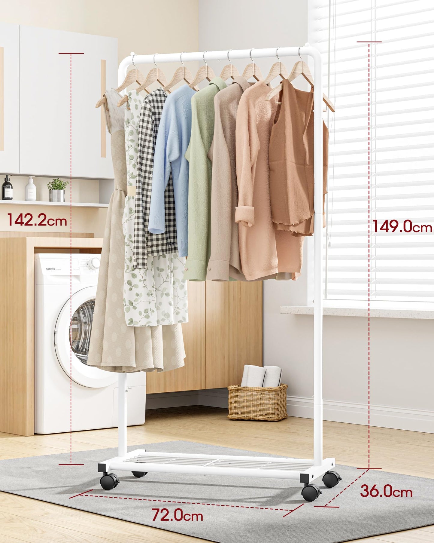 Sakugi Clothes Rail - Movable Clothes Rack with Bottom Shoes Shelf, Heavy-Duty Clothing Rail for Hanging Clothes, Coats, Dresses, Clothes Rail for