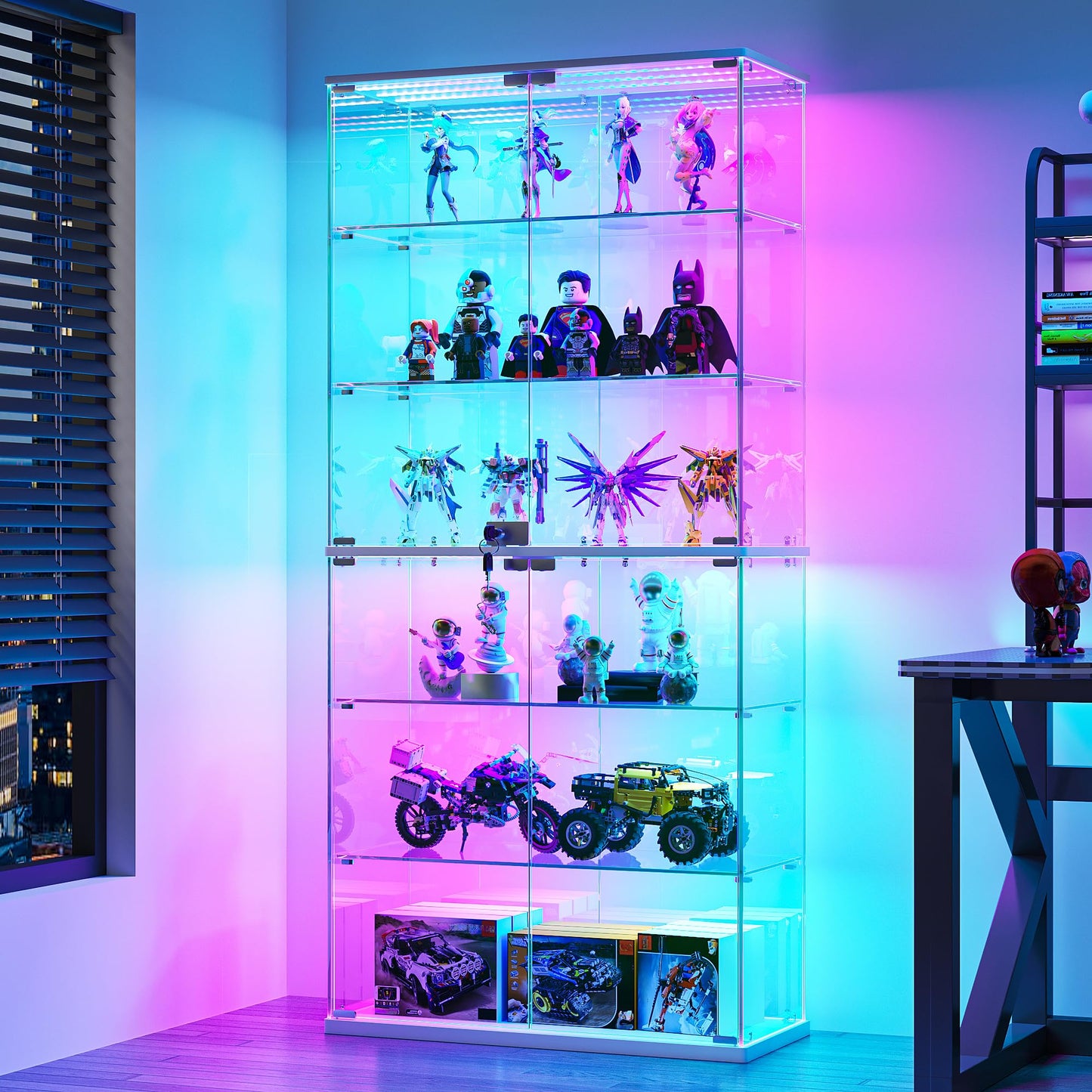 FREDEES Full Glass Display Cabinet with RGB Lights, 6-Tier, White