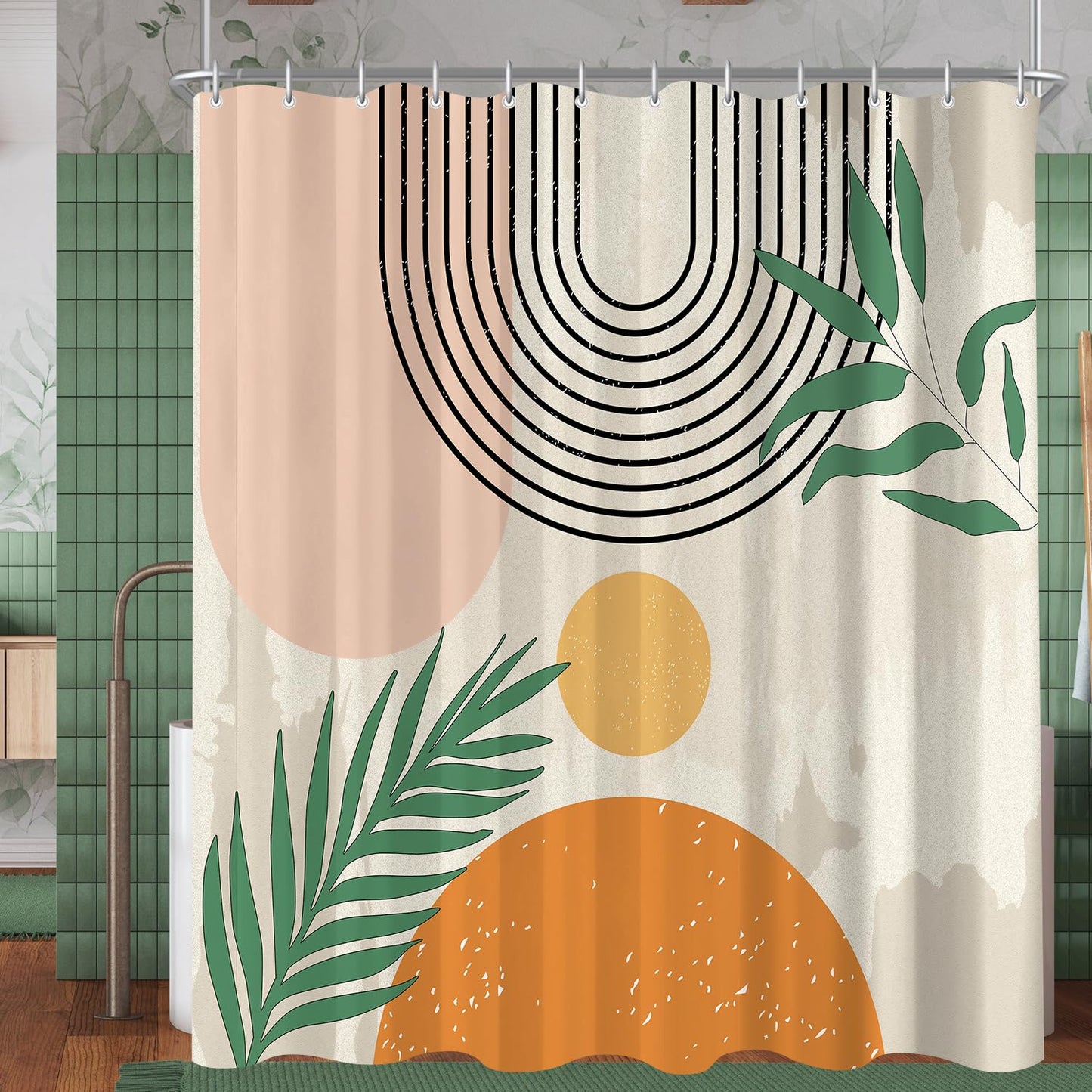 Lerores Boho Style Shower Curtain, 180 x 200 cm, Weighted Hem, Anti-Mould, Water-Repellent, Washable Polyester Bath Curtains with 12 Eyelets and