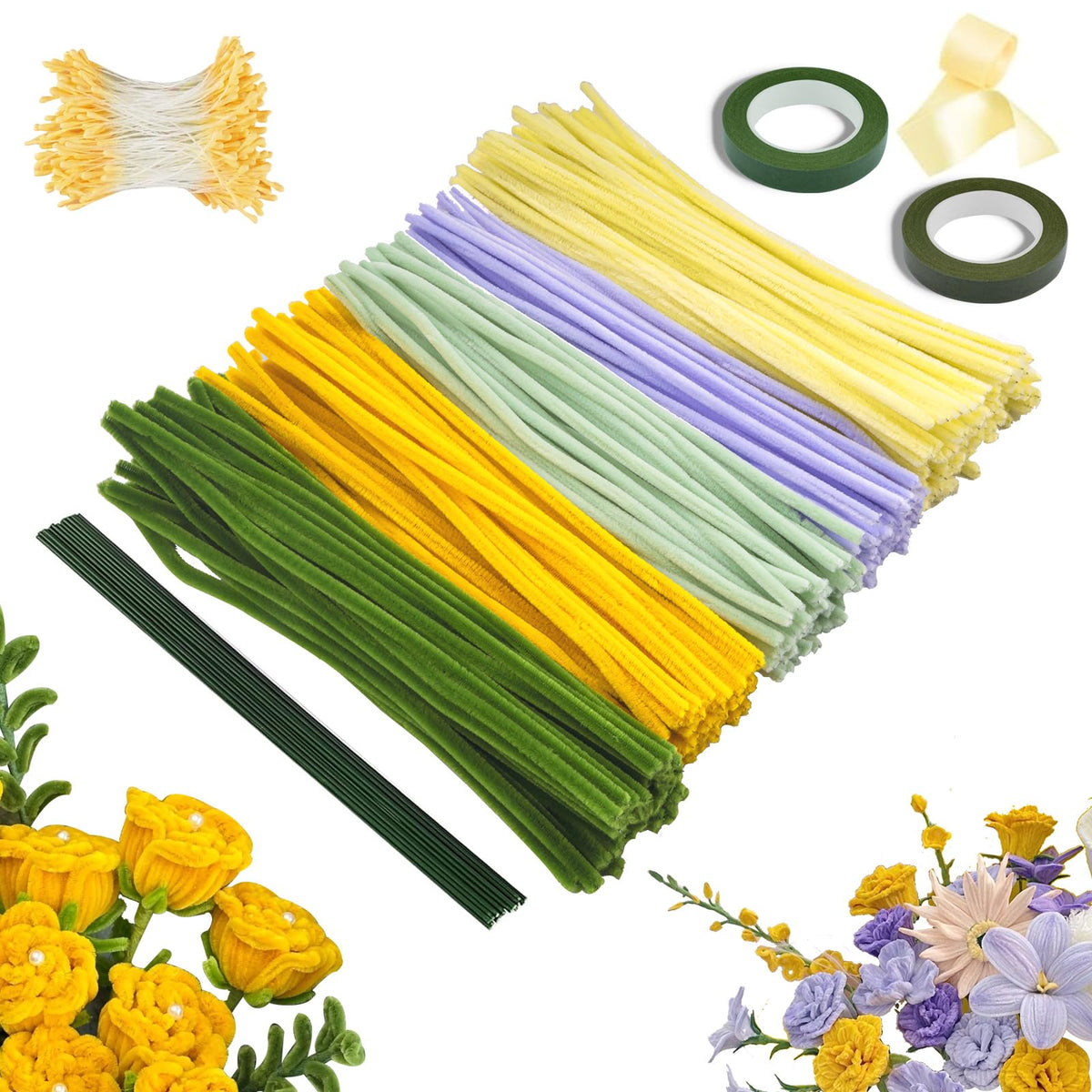 Pipe Cleaners Craft Kit 300PCS ? 30cm Chenille Stems with Flower Stems, Stamens, Floral Tape & Ribbon for DIY Flowers, Kids Crafts & School Projects,