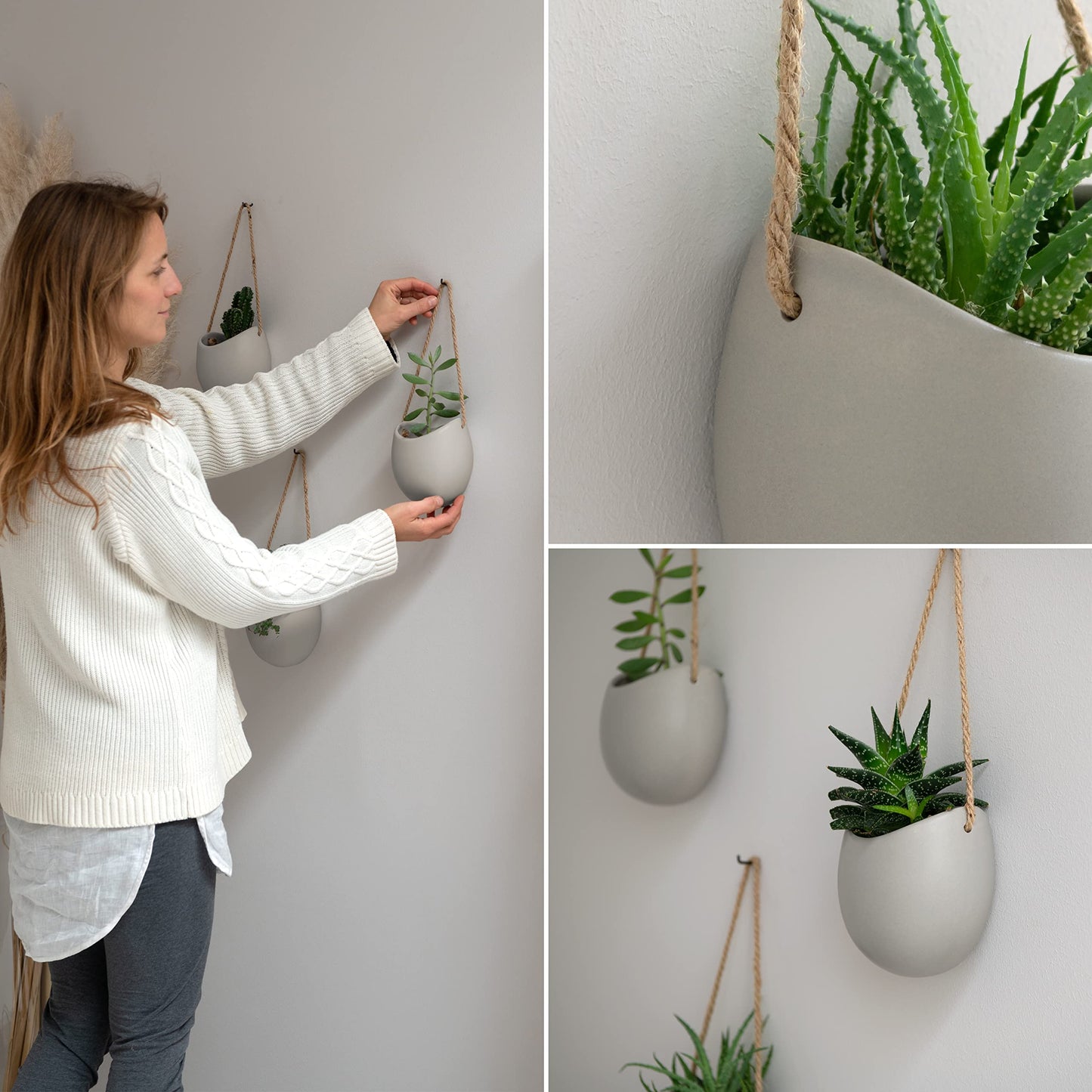 Kazai. Wall Planters -Ellie- | Hanging Ceramic Plant Pots, 3 Pieces, for Succulents and more | Wall Decoration for Indoors, Balcony and Garden | Light