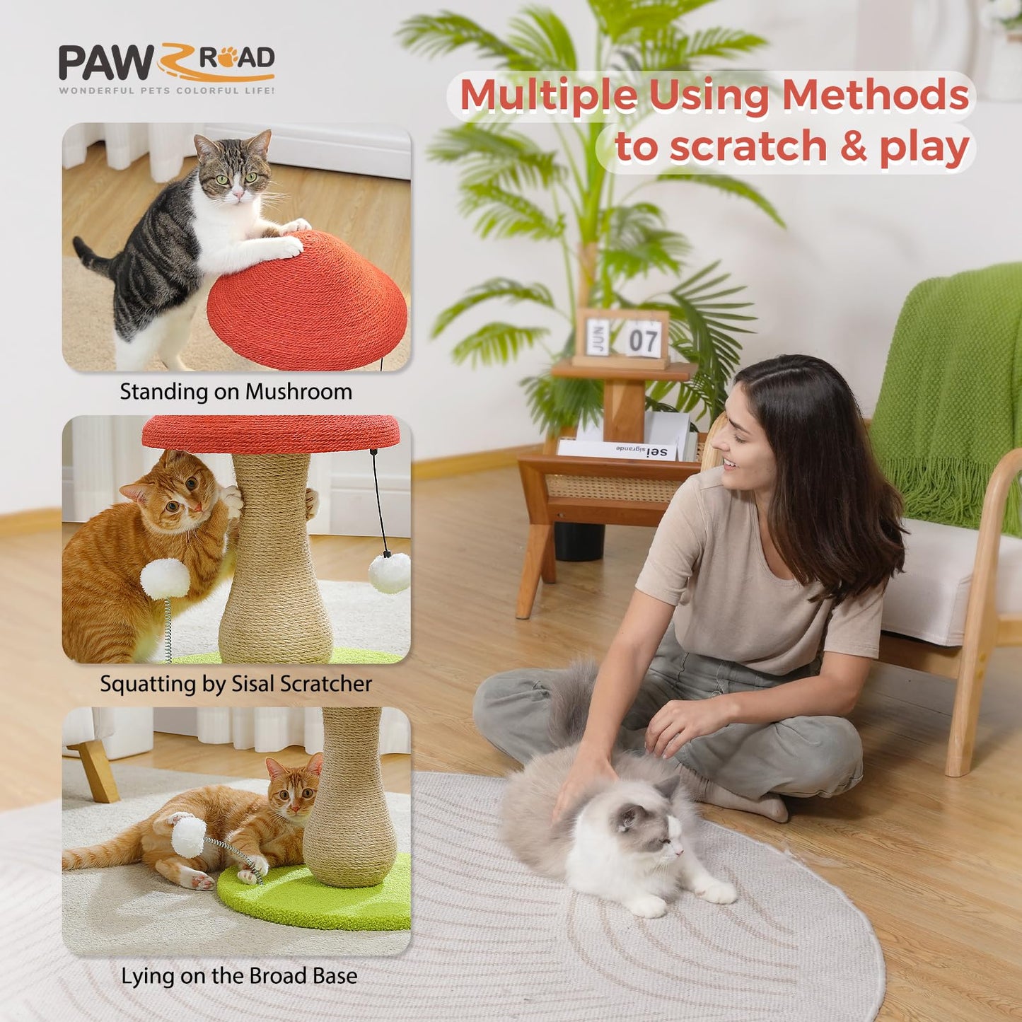 PAWZ Road Cute Cat Scratching Post, Mushroom Cat Scratcher with 100% Sisal Covered Scratching Post & Pompoms Cat Toy, Mushroom Cat Post for Indoor